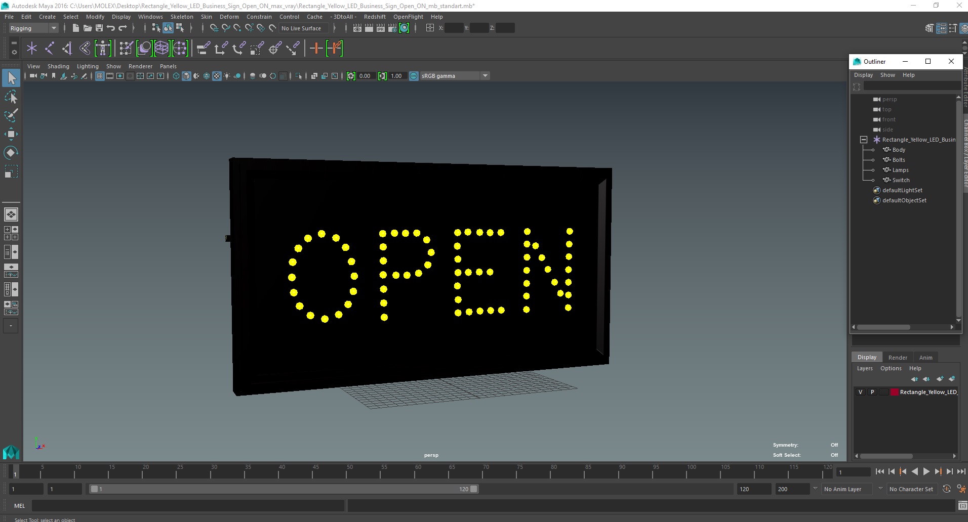 Rectangle Yellow LED Business Sign Open ON 3D