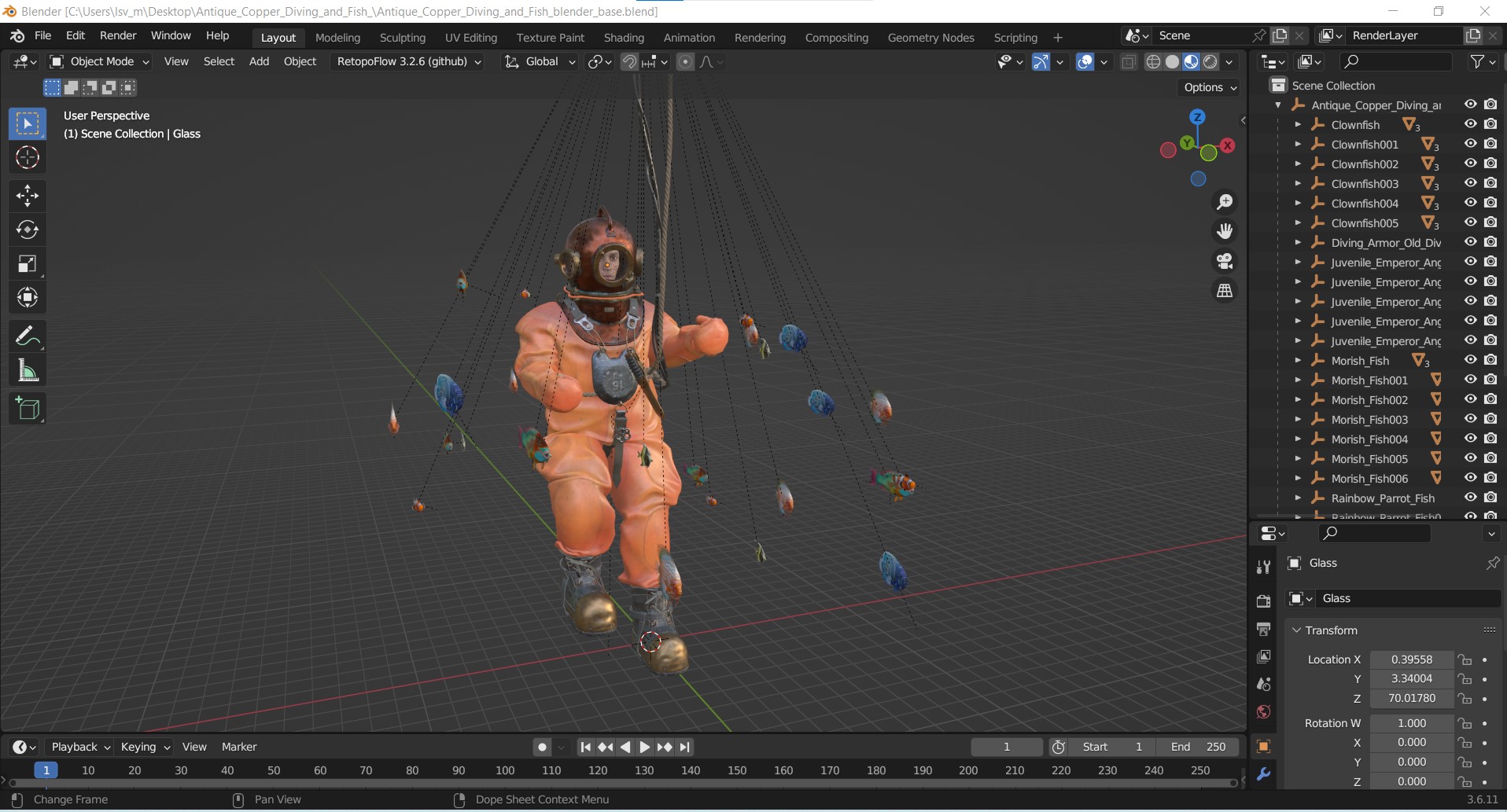 3D model Antique Copper Diving and Fish
