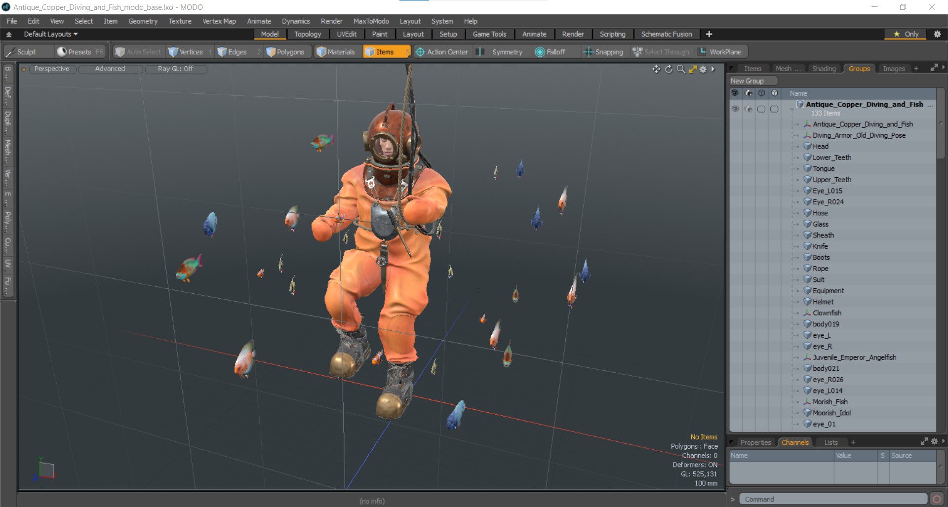 3D model Antique Copper Diving and Fish