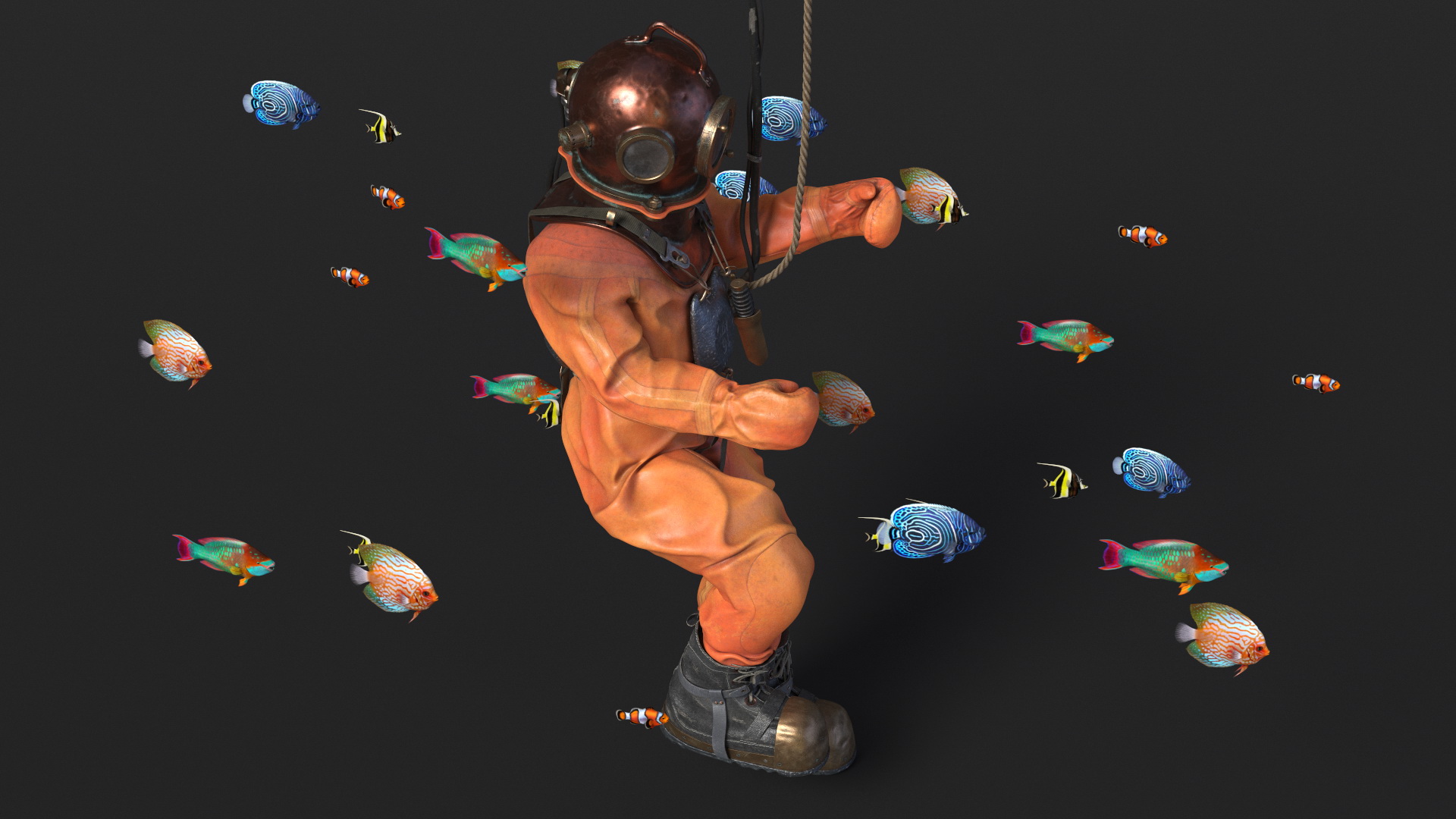 3D model Antique Copper Diving and Fish