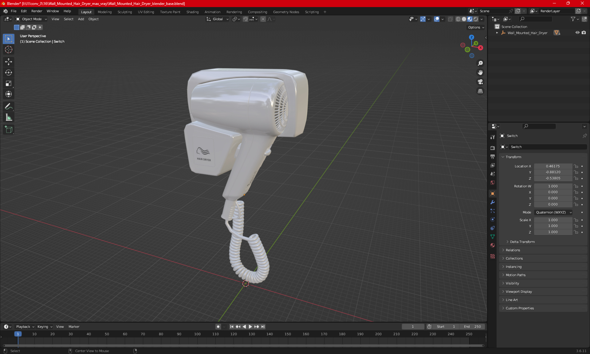 3D Wall Mounted Hair Dryer model