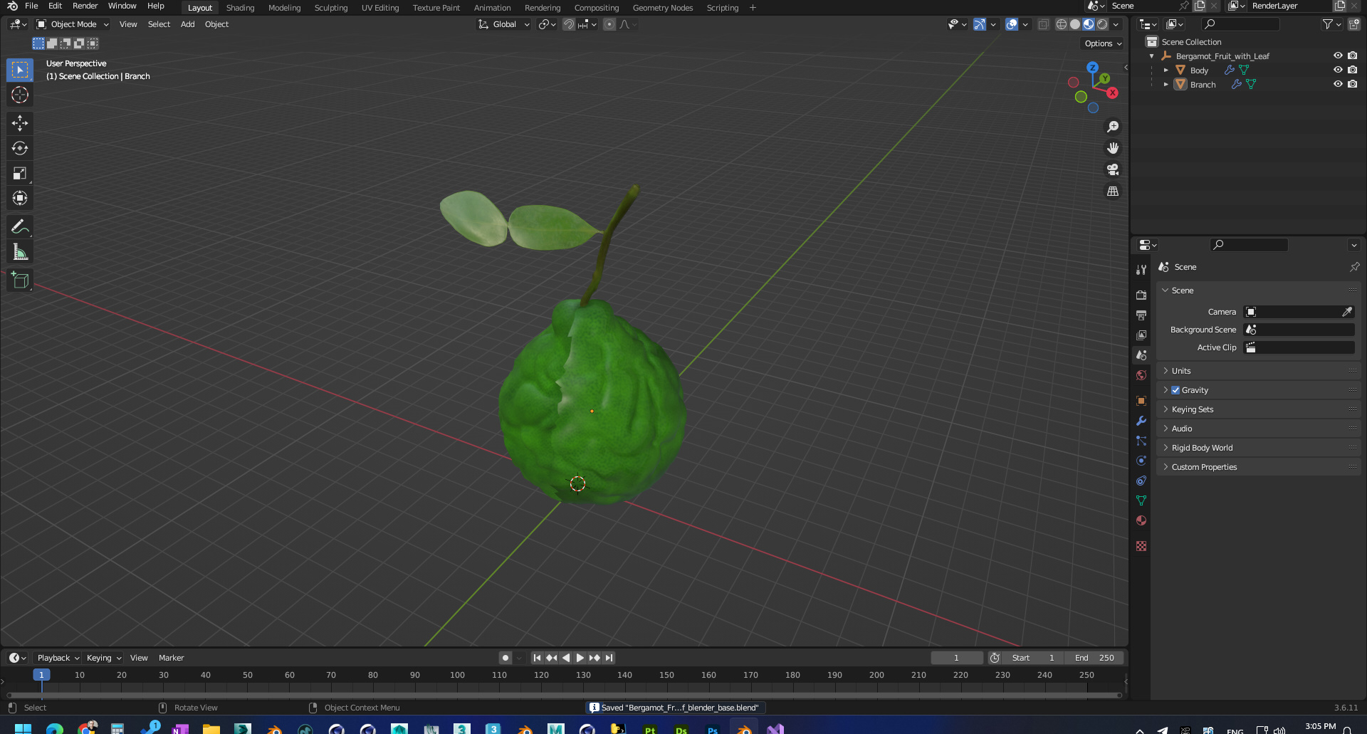 Bergamot Fruit with Leaf 3D model