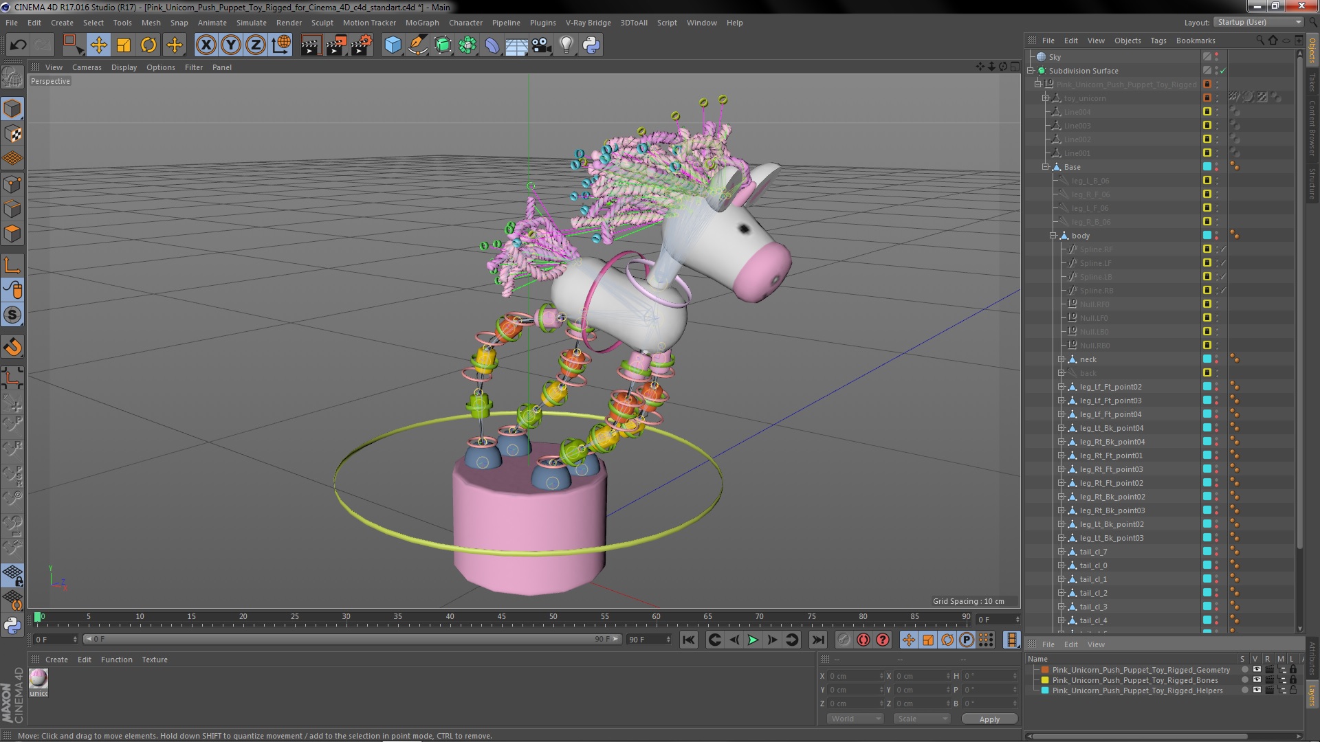 Pink Unicorn Push Puppet Toy Rigged for Cinema 4D 3D model