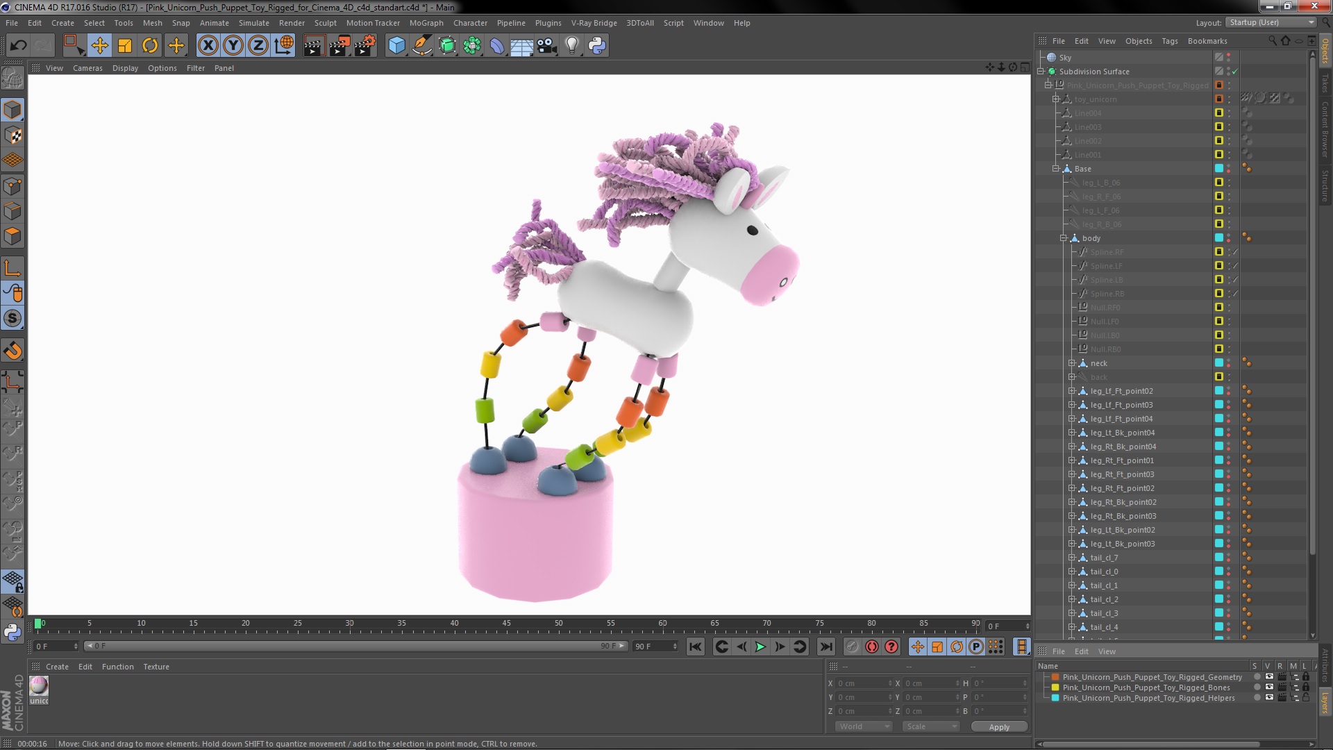 Pink Unicorn Push Puppet Toy Rigged for Cinema 4D 3D model