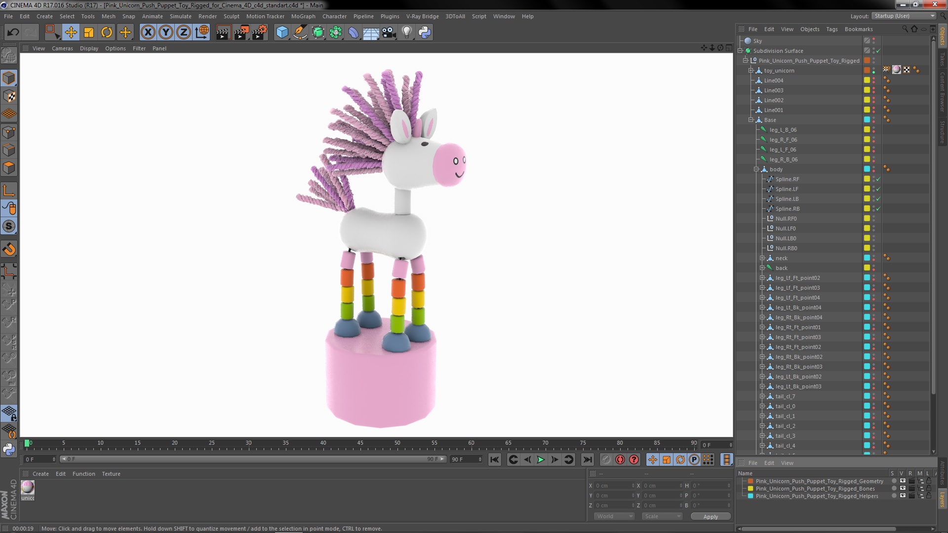Pink Unicorn Push Puppet Toy Rigged for Cinema 4D 3D model