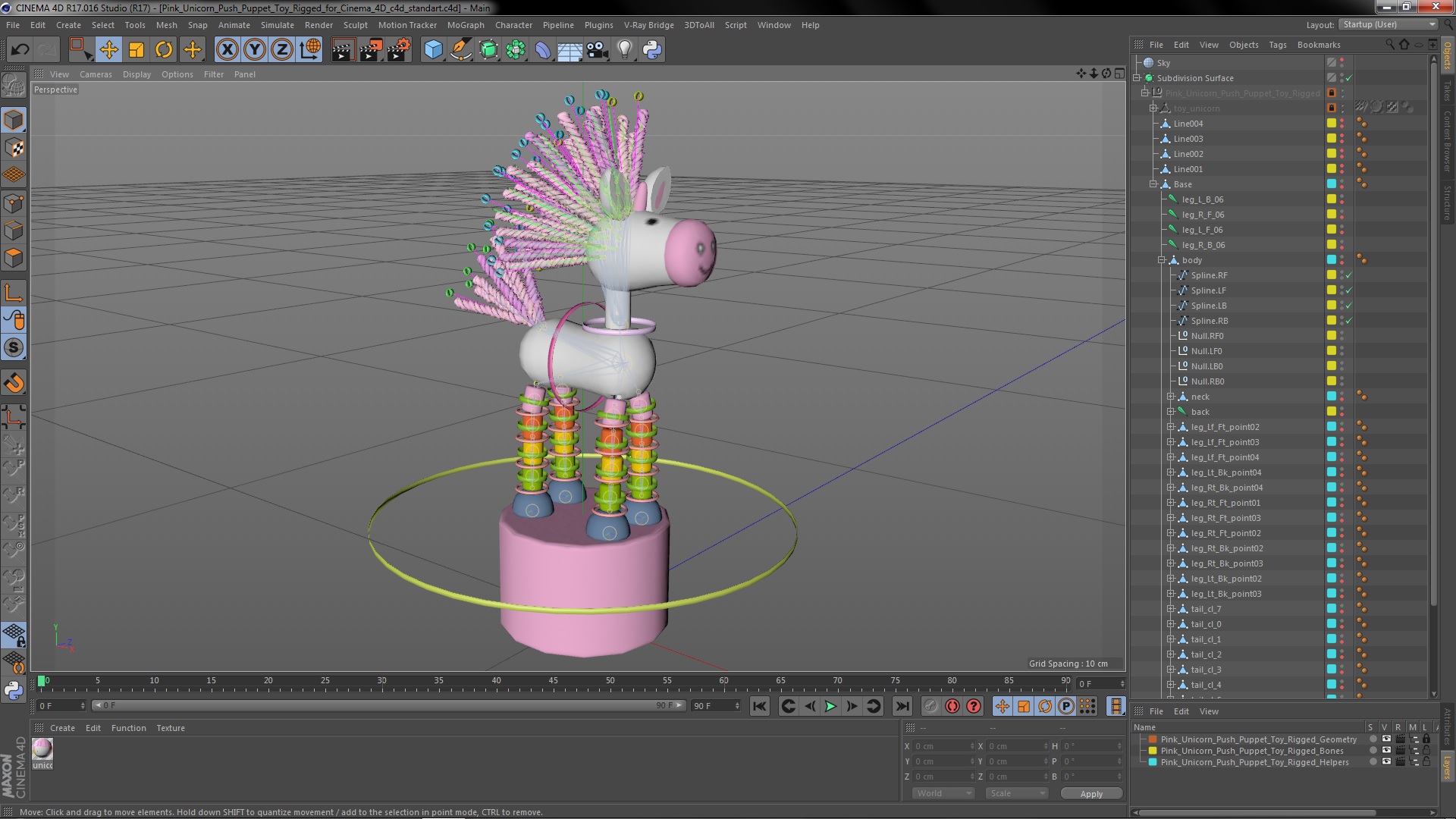 Pink Unicorn Push Puppet Toy Rigged for Cinema 4D 3D model
