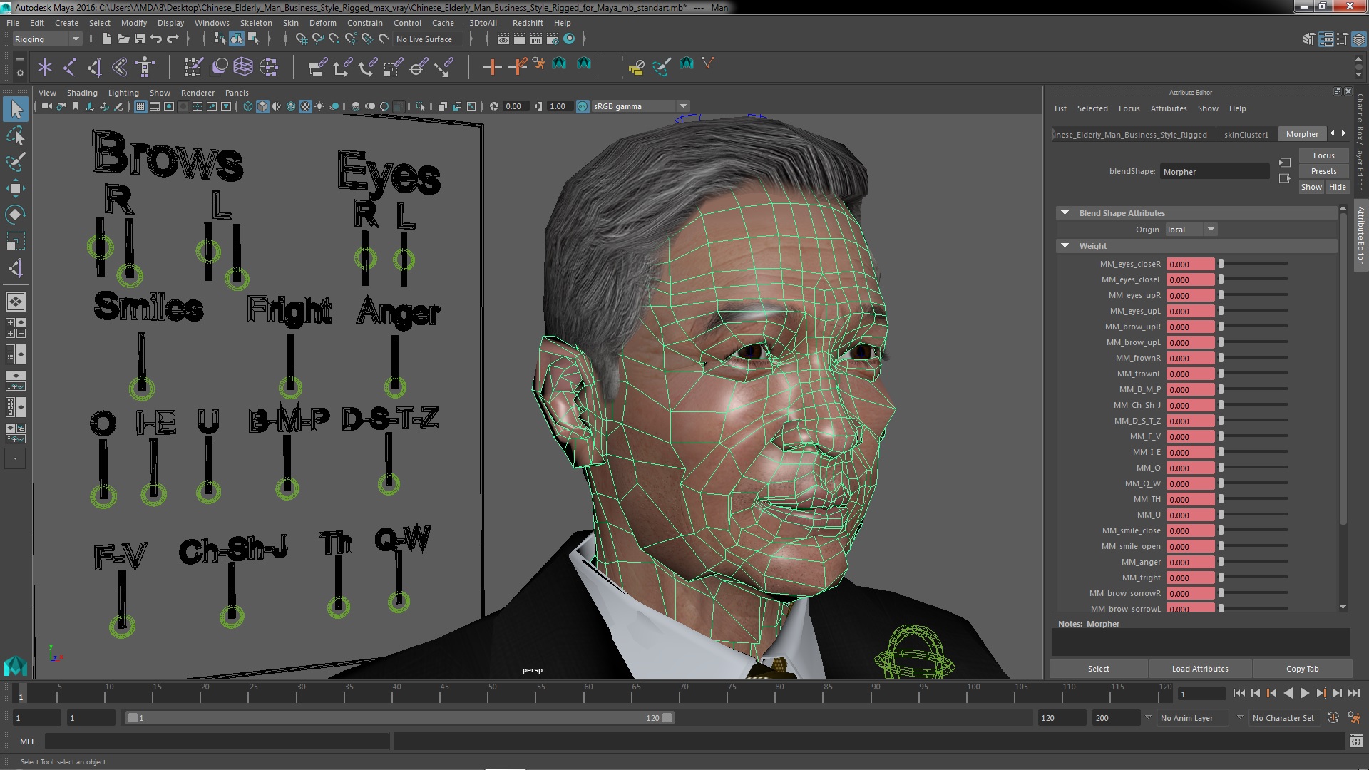 3D model Chinese Elderly Man Business Style Rigged for Maya