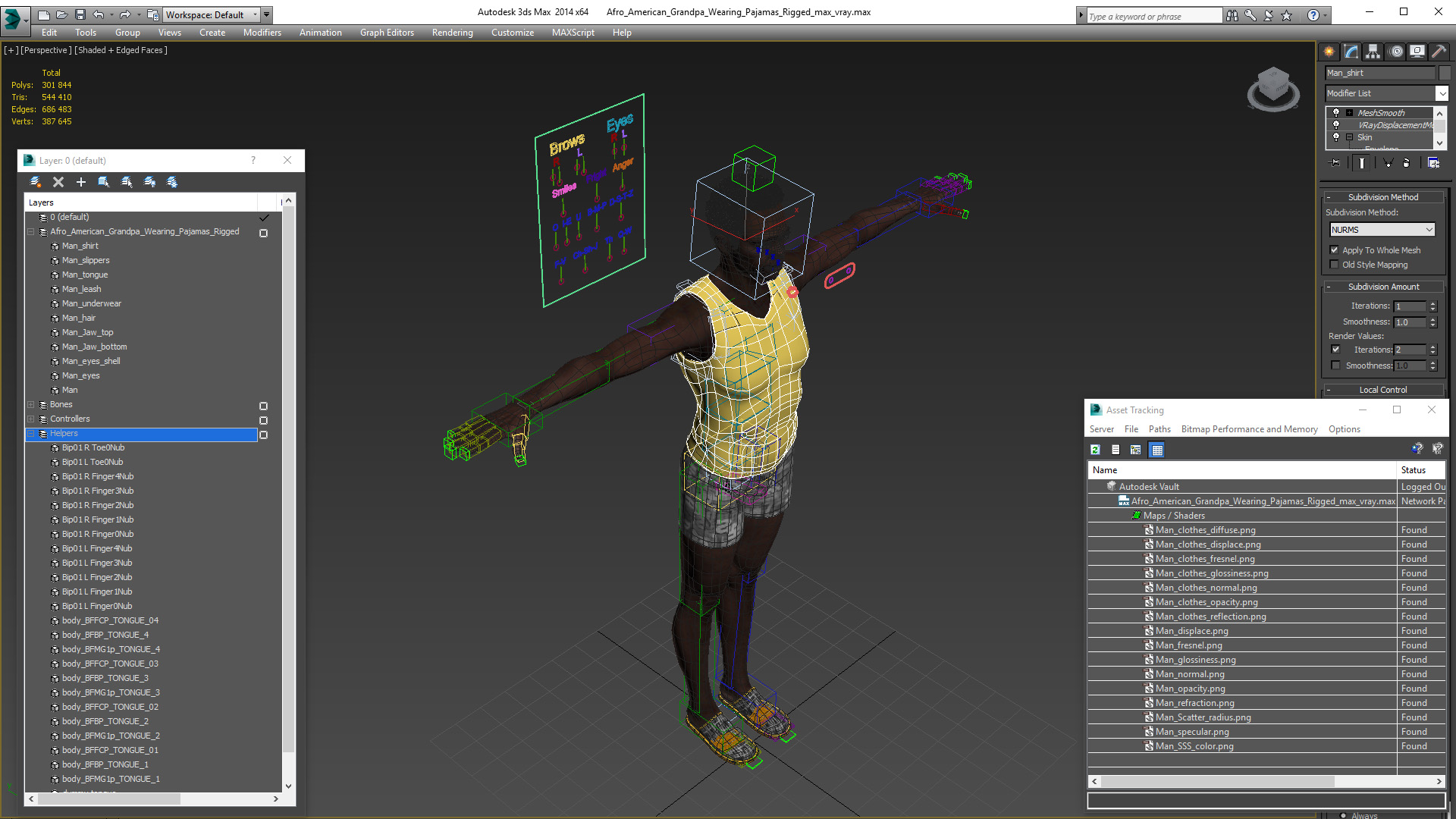 3D Afro American Grandpa Wearing Pajamas Rigged for Maya model