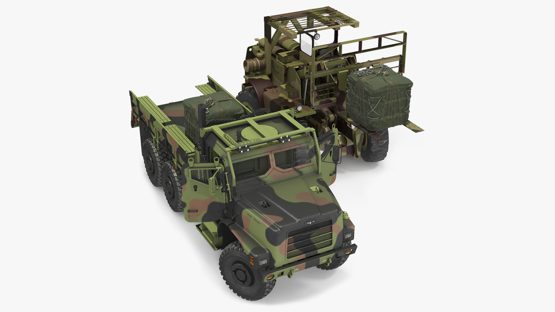 3D Military Forklift Loard Cargo to the OshKosh MTVR MK23 Rigged