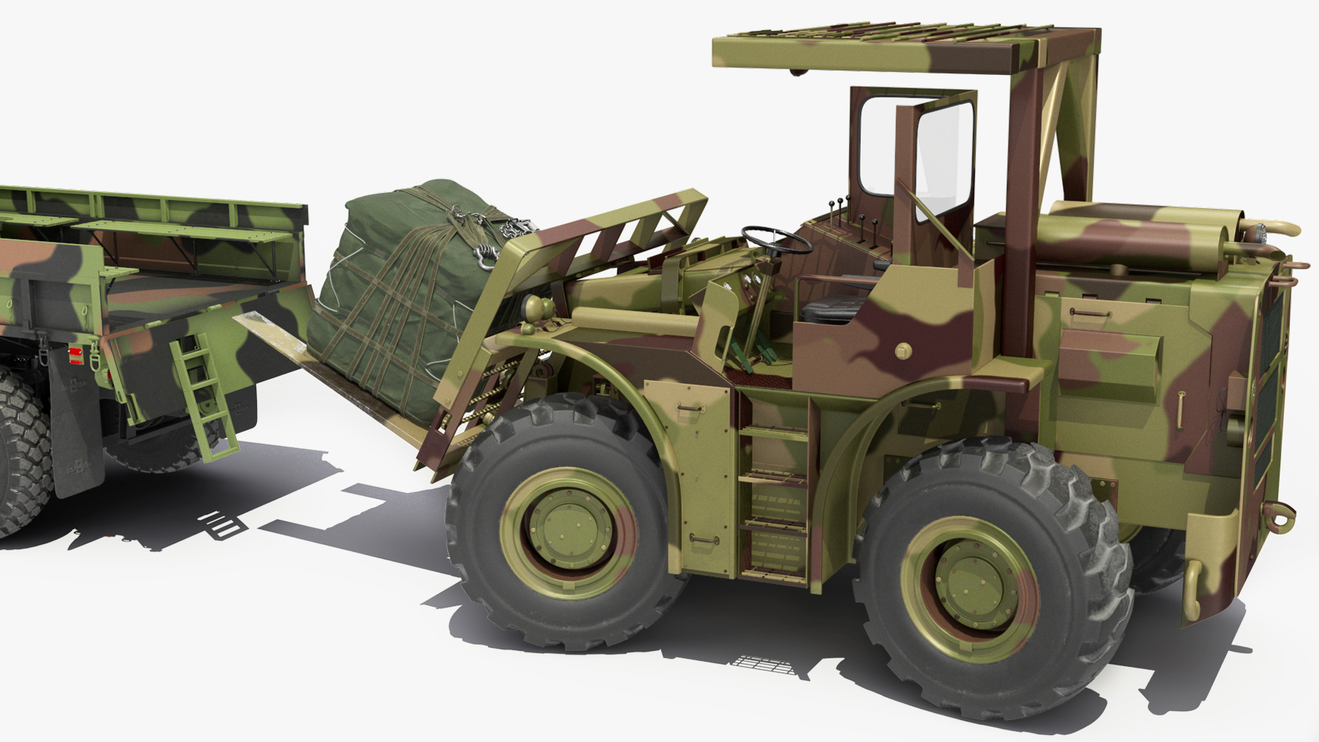 3D Military Forklift Loard Cargo to the OshKosh MTVR MK23 Rigged