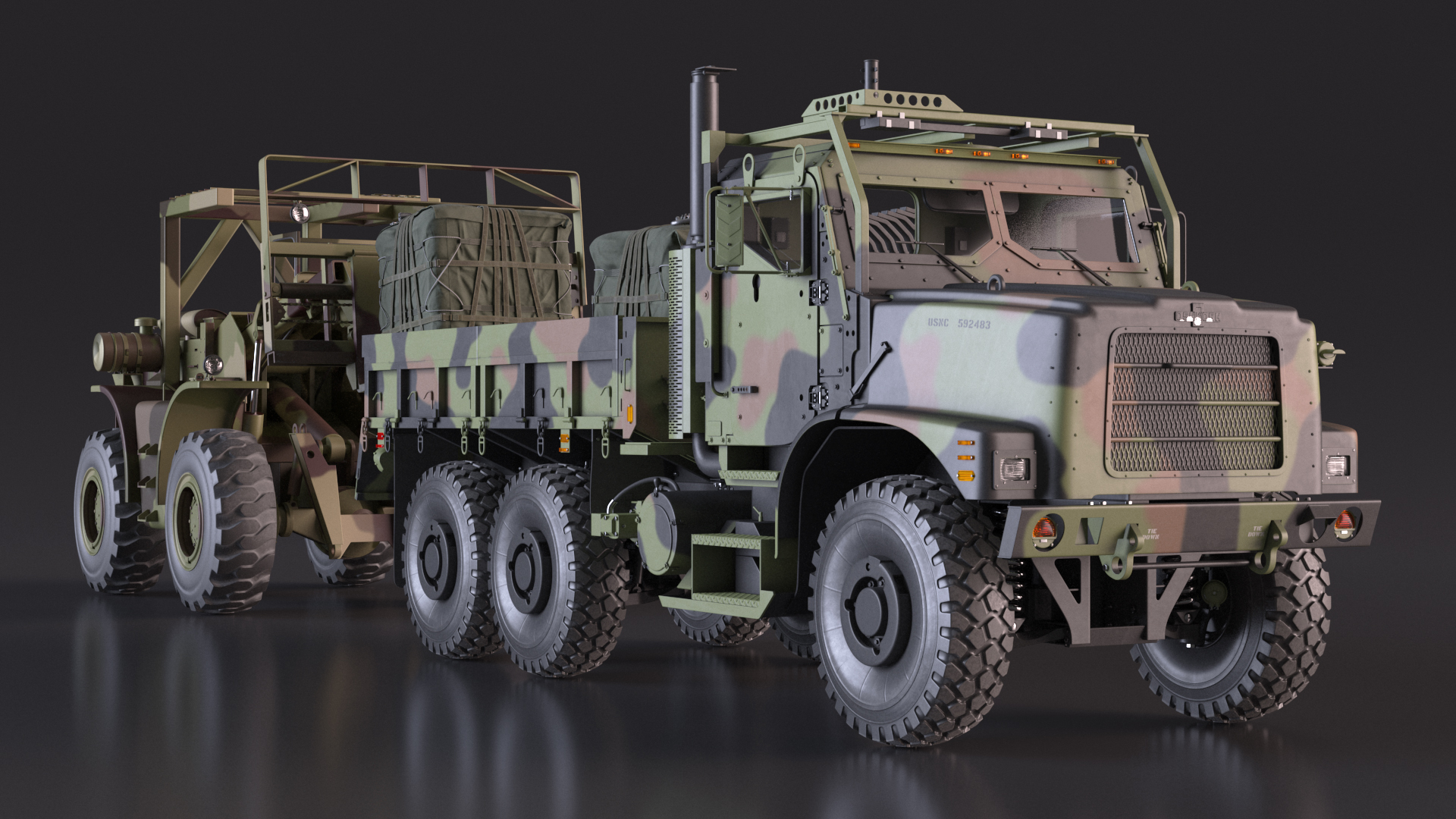 3D Military Forklift Loard Cargo to the OshKosh MTVR MK23 Rigged