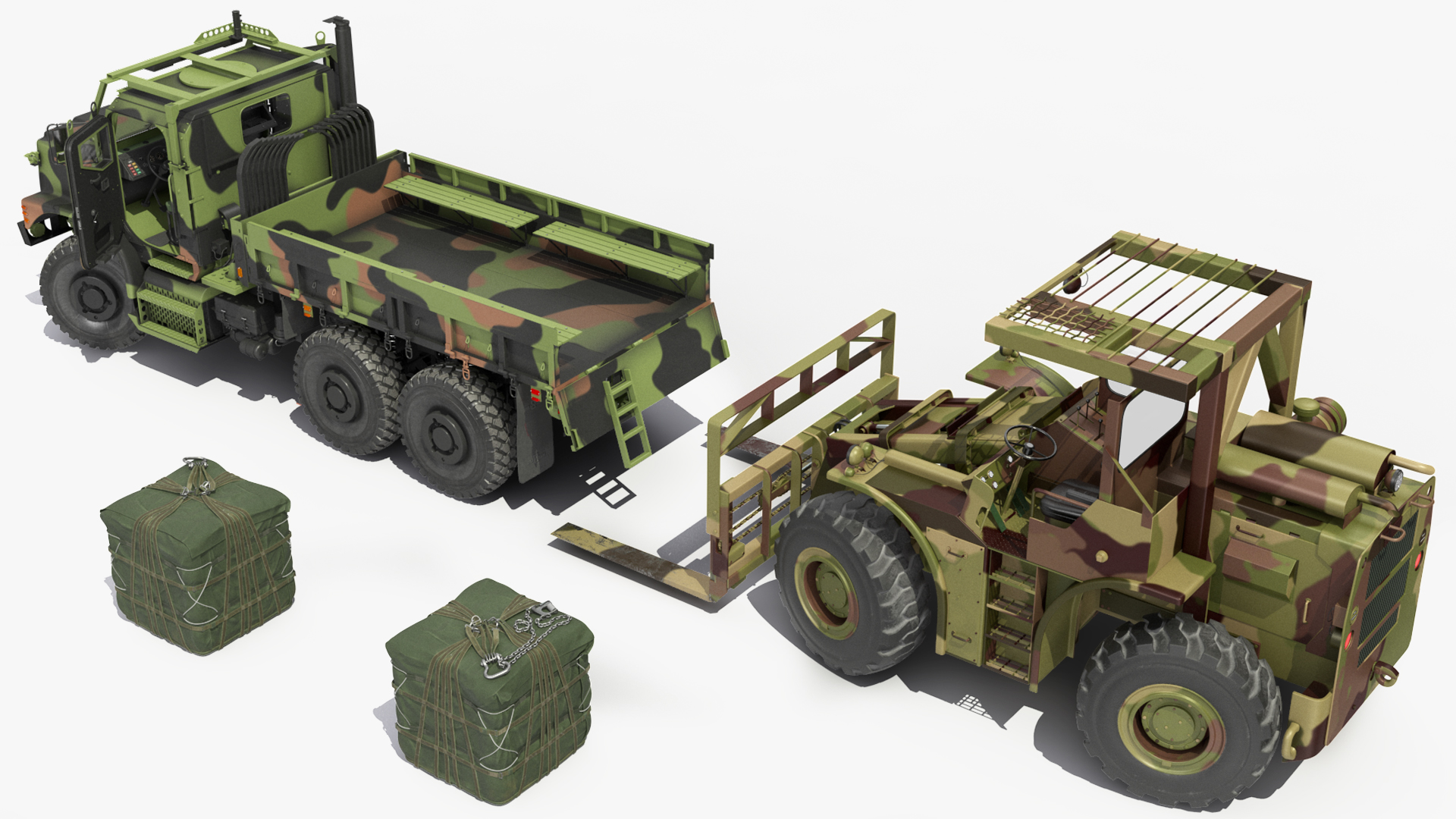 3D Military Forklift Loard Cargo to the OshKosh MTVR MK23 Rigged