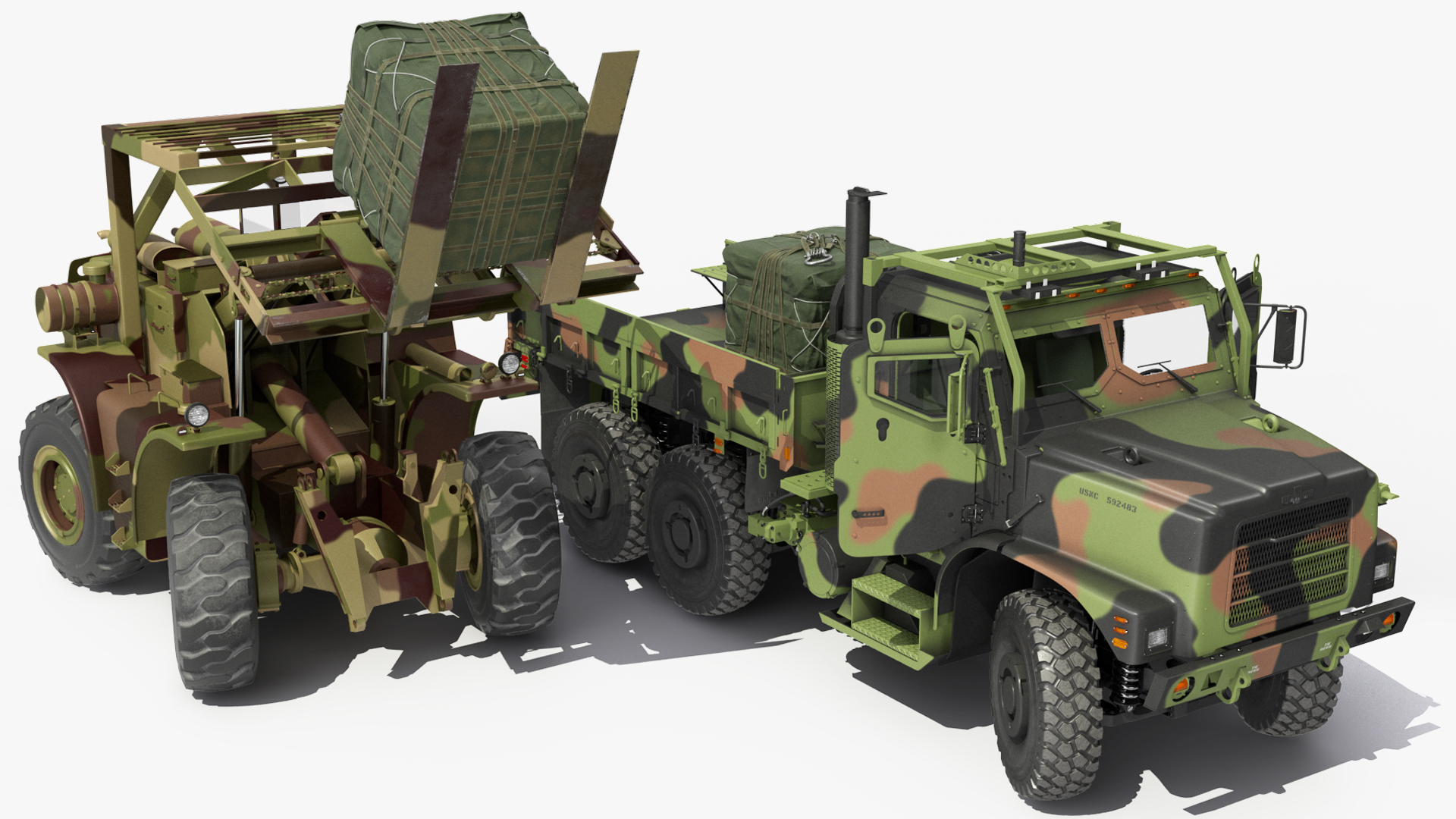 3D Military Forklift Loard Cargo to the OshKosh MTVR MK23 Rigged