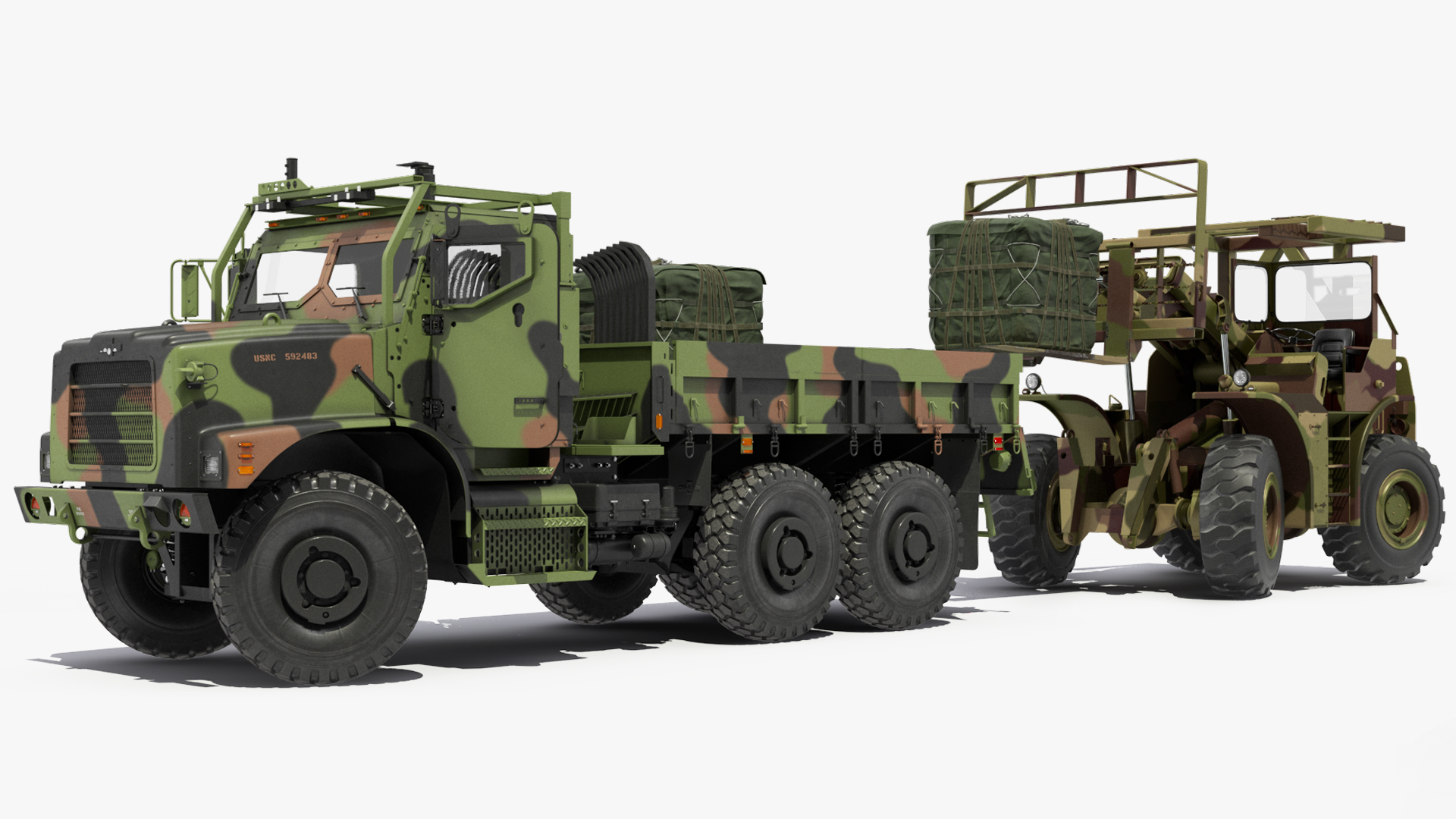 3D Military Forklift Loard Cargo to the OshKosh MTVR MK23 Rigged