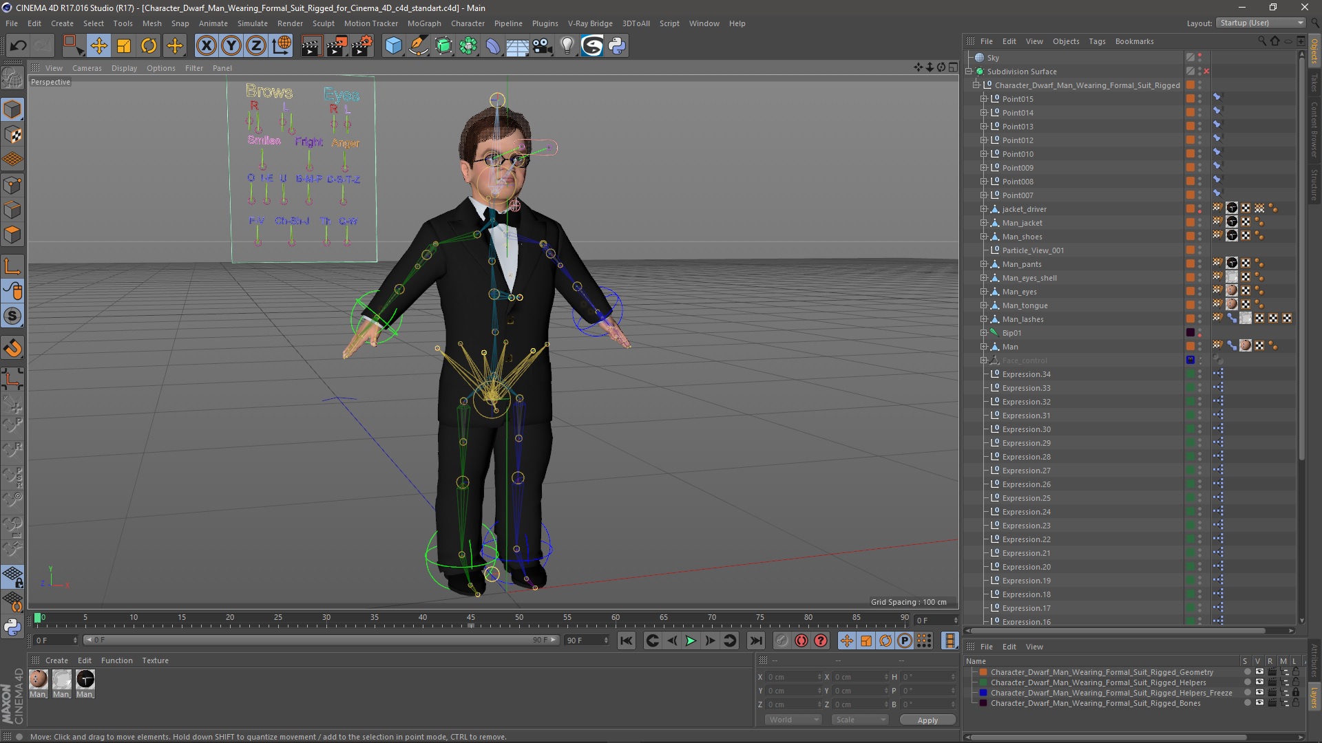 3D model Character Dwarf Man Wearing Formal Suit Rigged for Cinema 4D