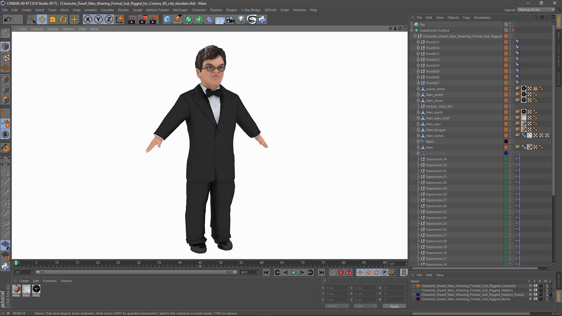 3D model Character Dwarf Man Wearing Formal Suit Rigged for Cinema 4D