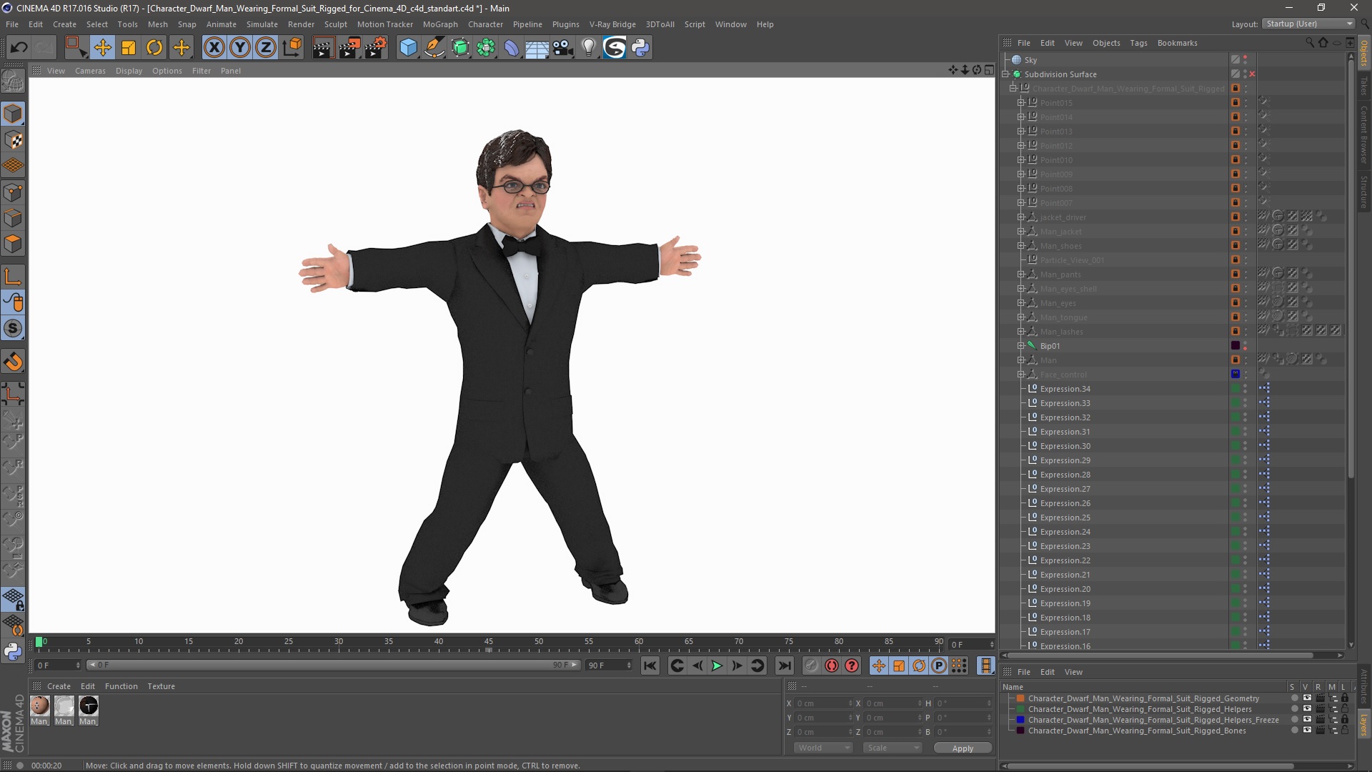 3D model Character Dwarf Man Wearing Formal Suit Rigged for Cinema 4D