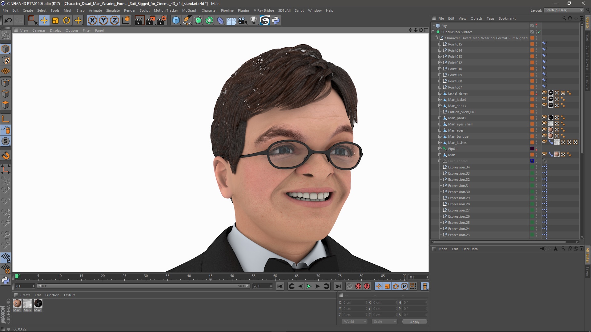 3D model Character Dwarf Man Wearing Formal Suit Rigged for Cinema 4D