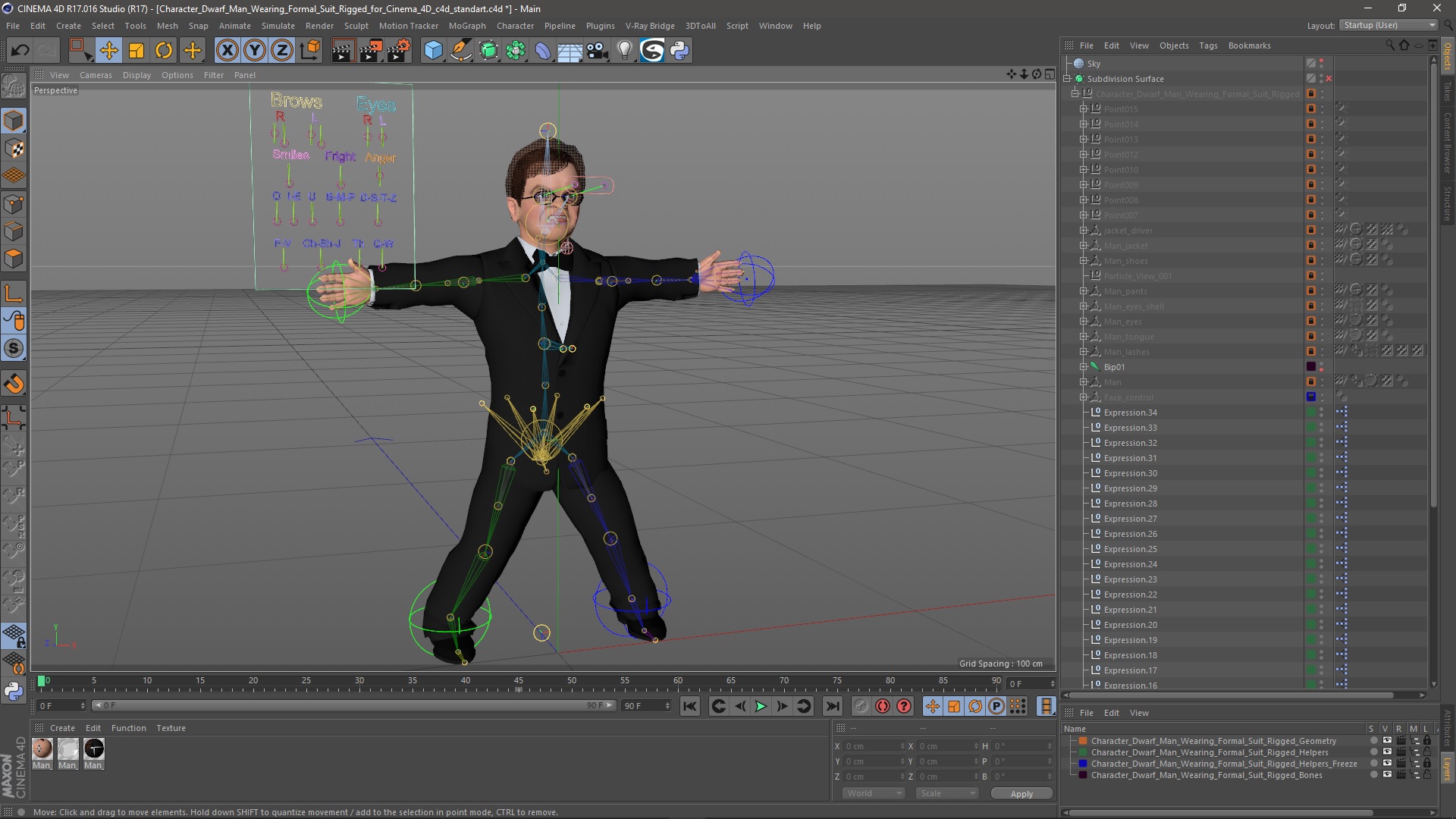 3D model Character Dwarf Man Wearing Formal Suit Rigged for Cinema 4D
