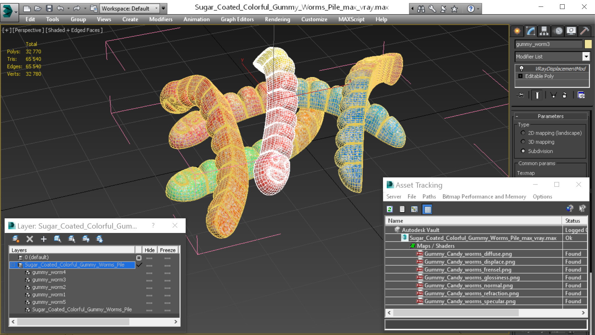 3D Sugar Coated Colorful Gummy Worms Pile model