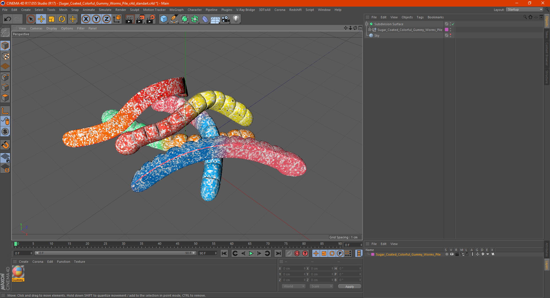 3D Sugar Coated Colorful Gummy Worms Pile model