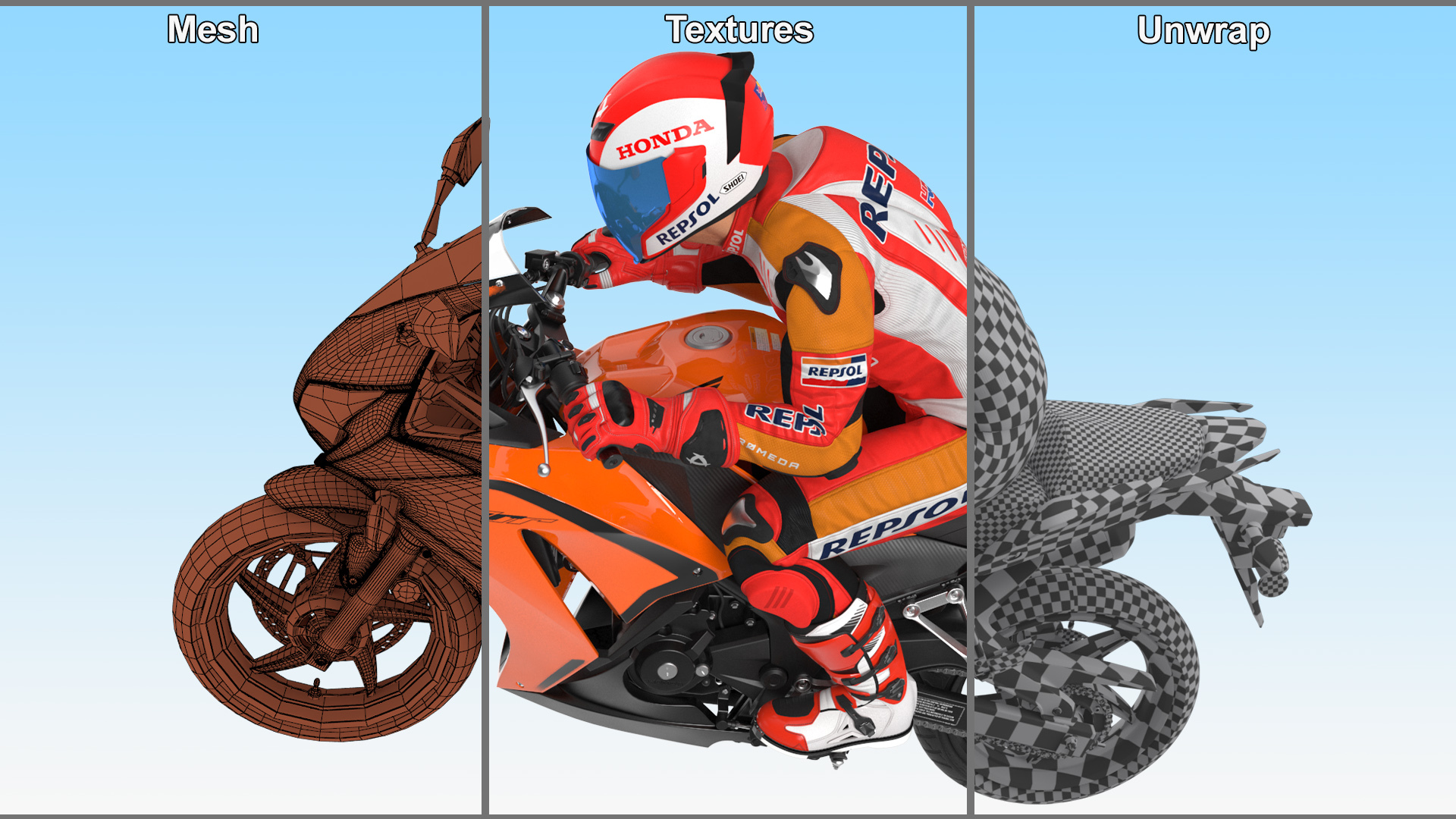 Honda Sport Bike with Rider in Racing Gear 3D