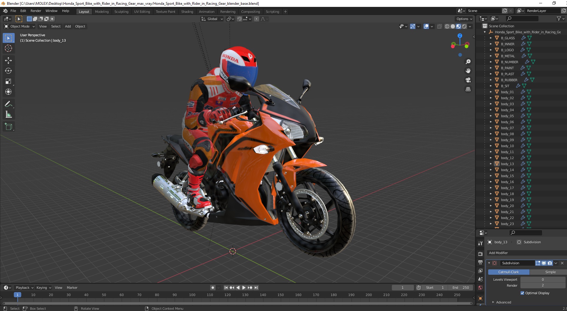 Honda Sport Bike with Rider in Racing Gear 3D