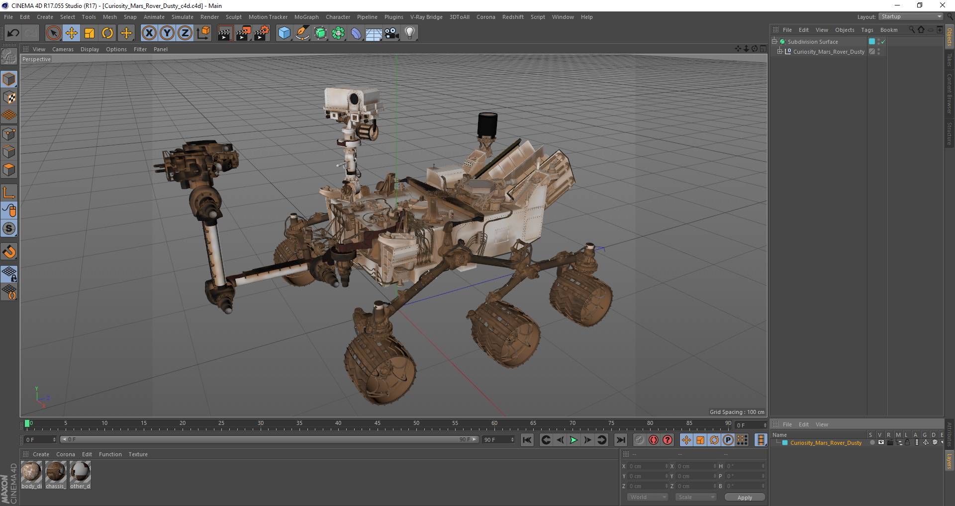 3D Curiosity Mars Rover Dusty