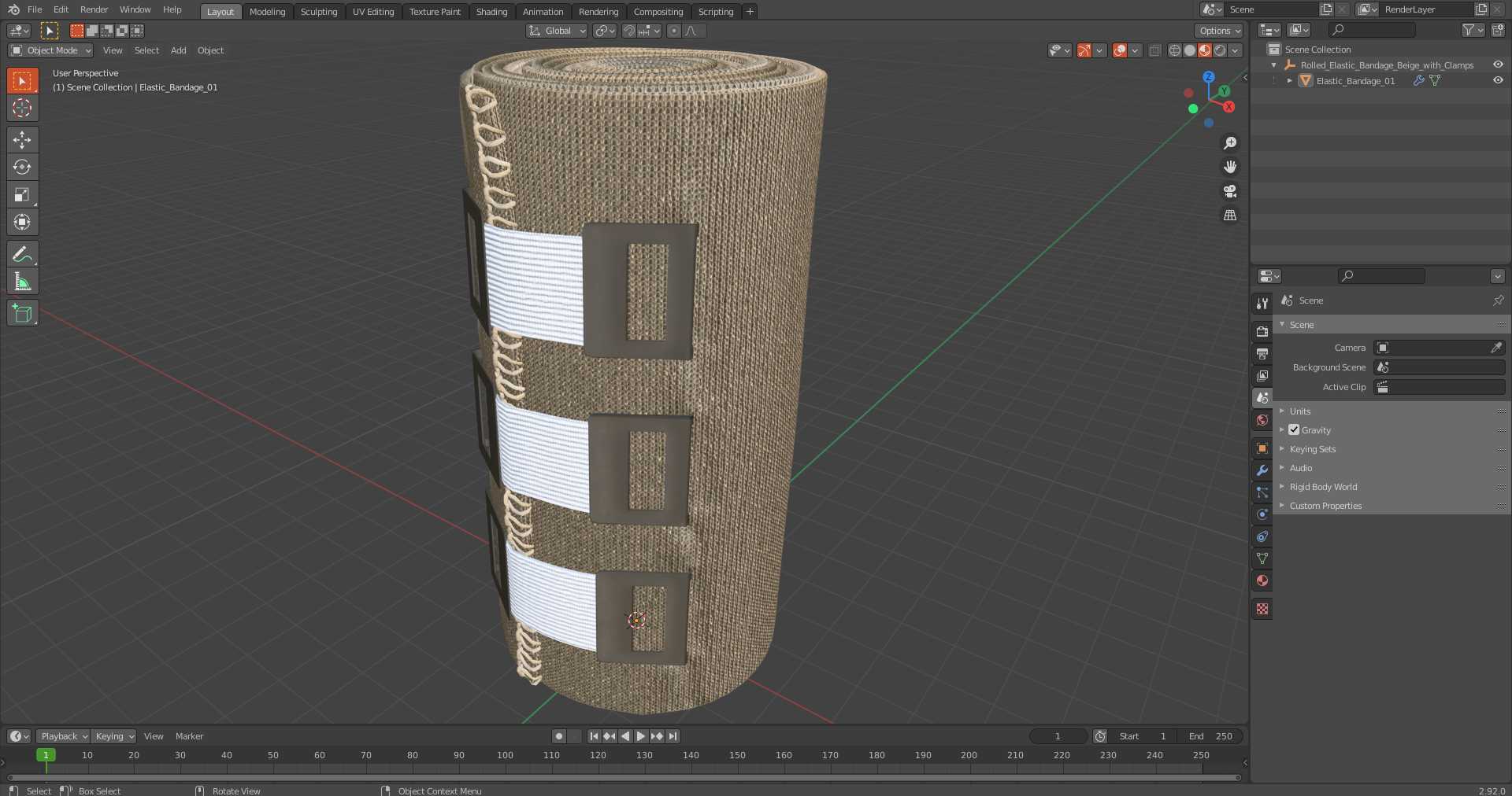 3D model Rolled Elastic Bandage Beige with Clamps