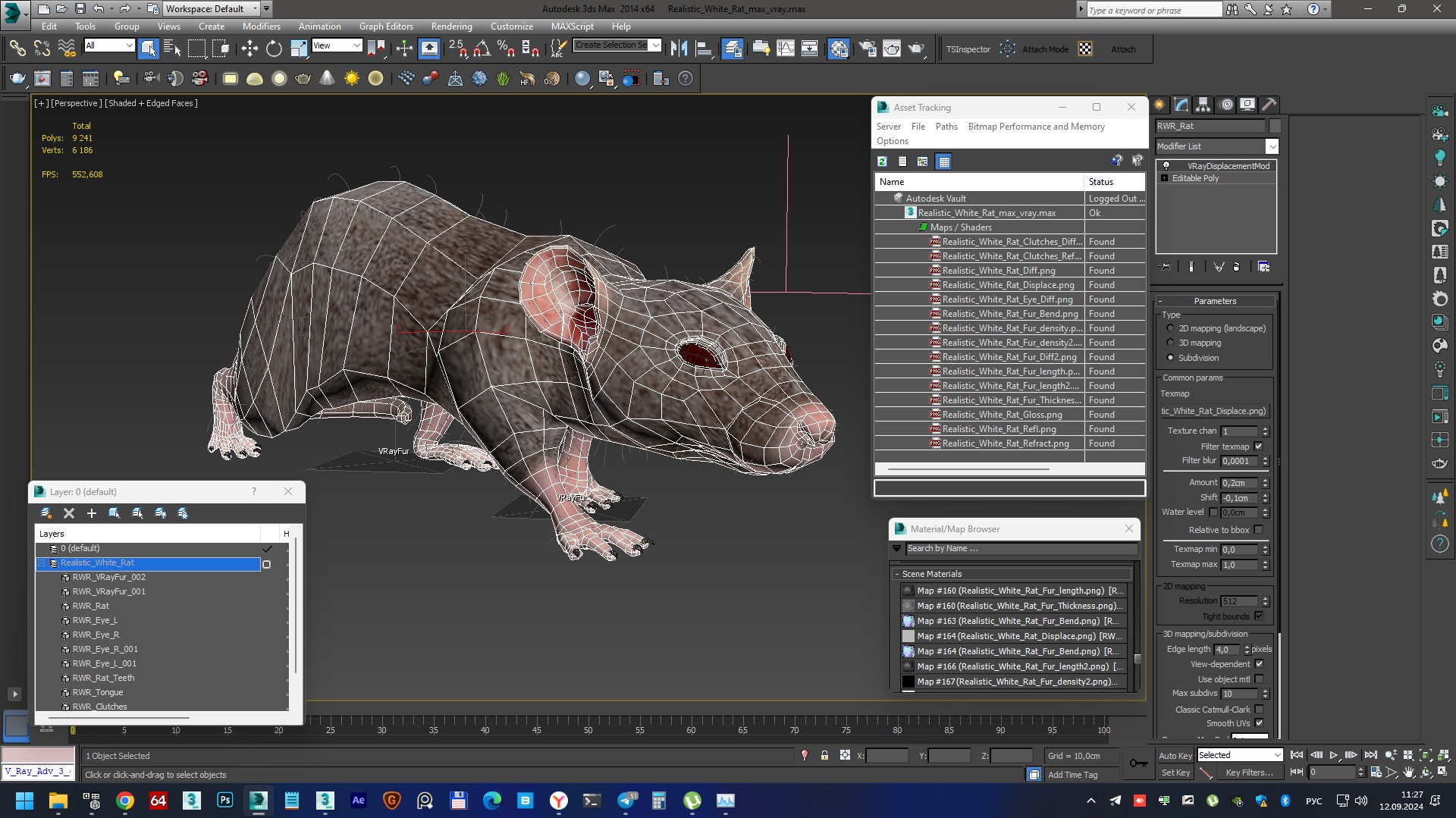 3D Realistic White Rat with Fur model