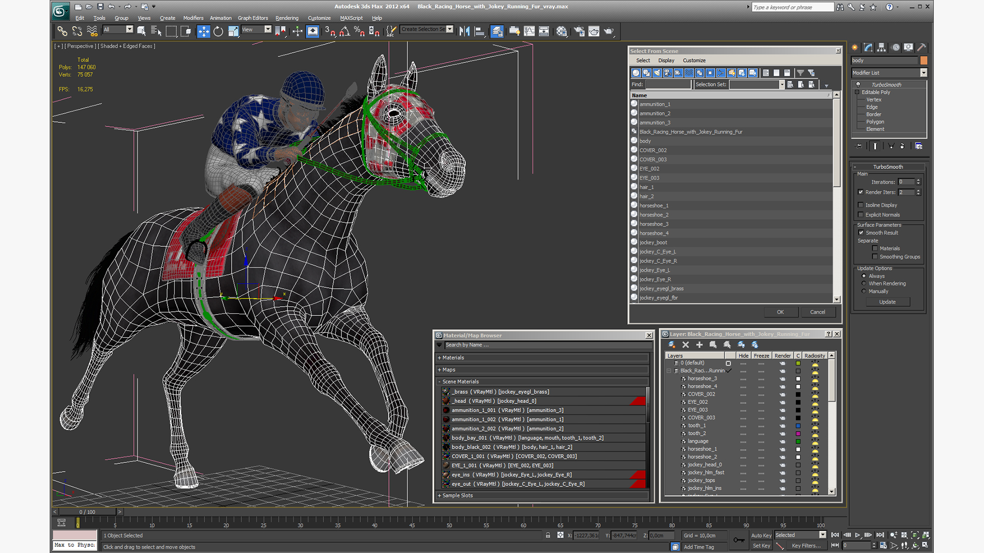 3D Black Racing Horse with Jokey Running Fur