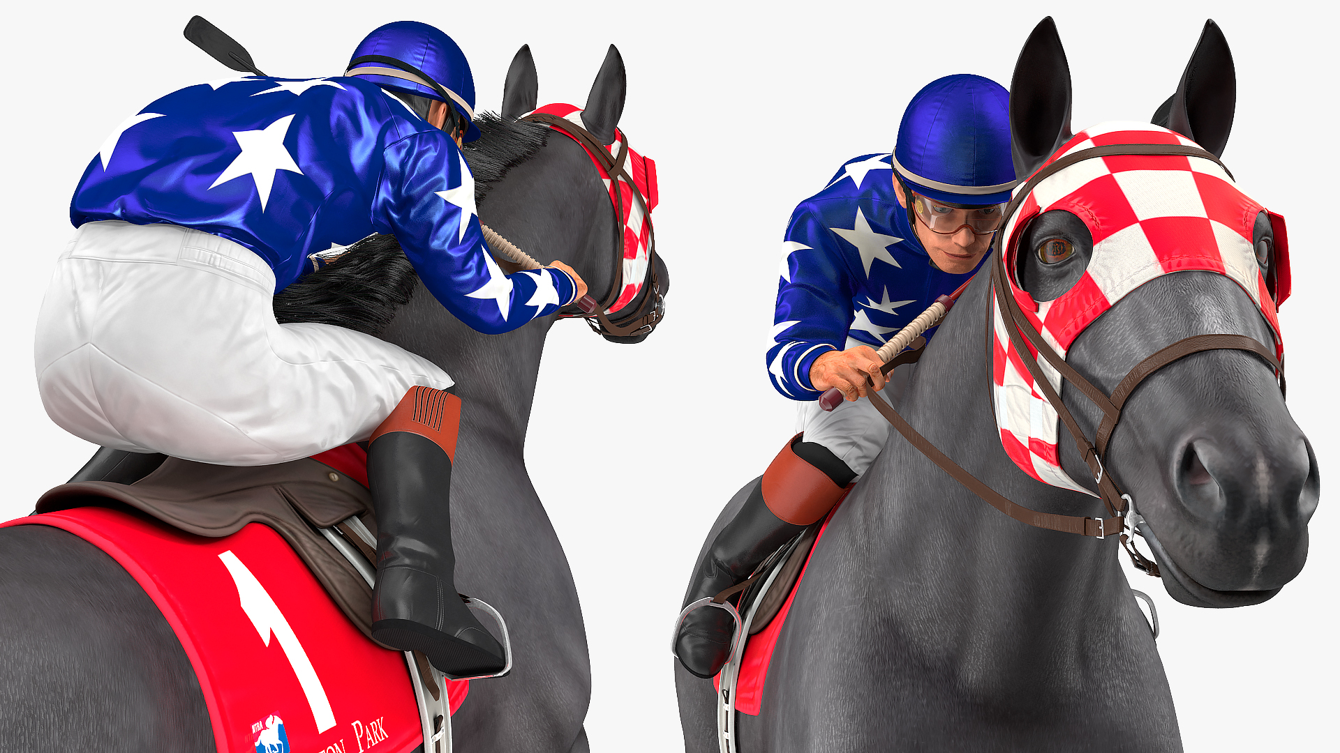 3D Black Racing Horse with Jokey Running Fur