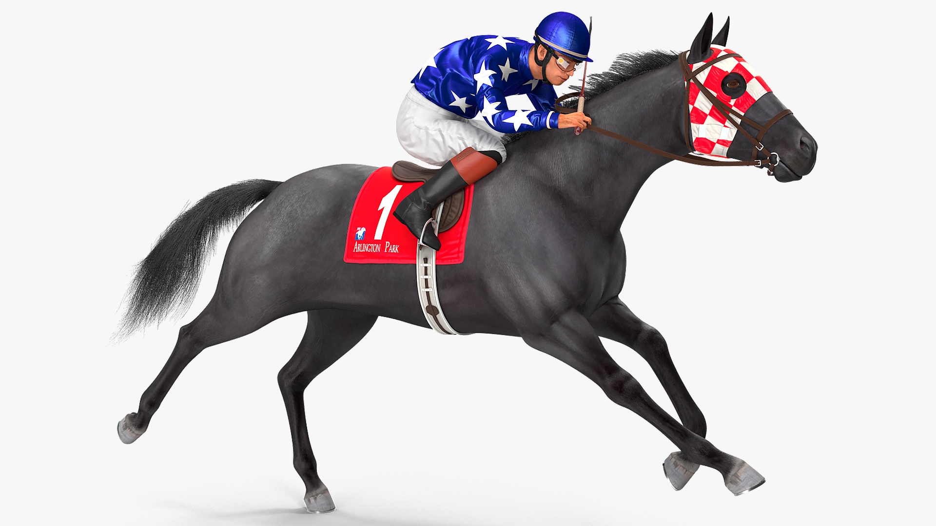 3D Black Racing Horse with Jokey Running Fur