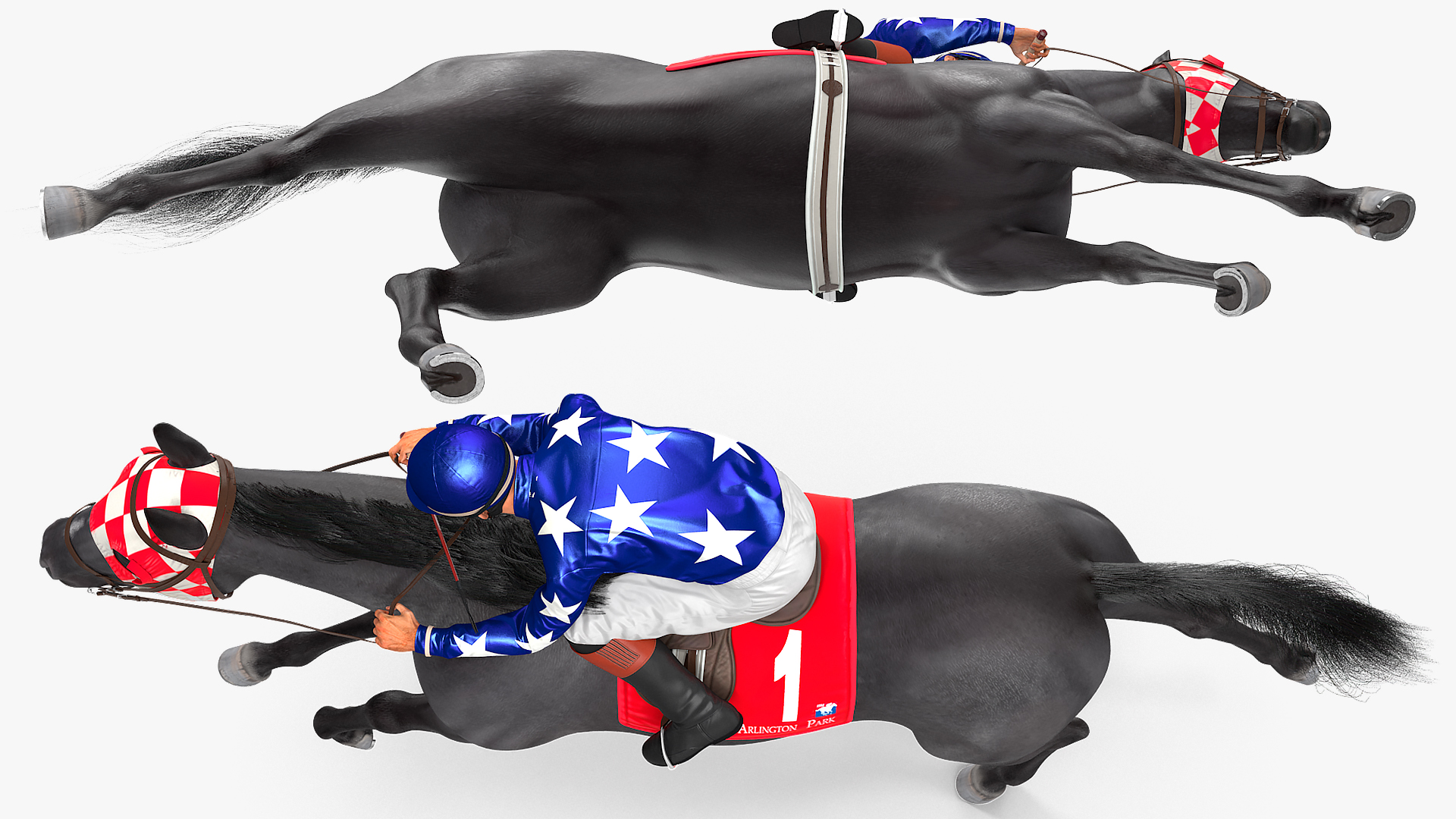 3D Black Racing Horse with Jokey Running Fur