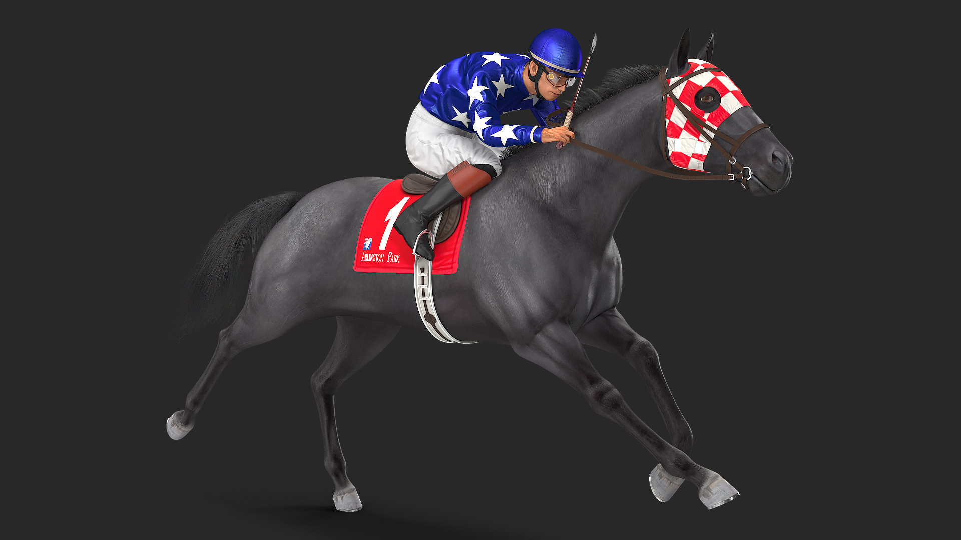3D Black Racing Horse with Jokey Running Fur