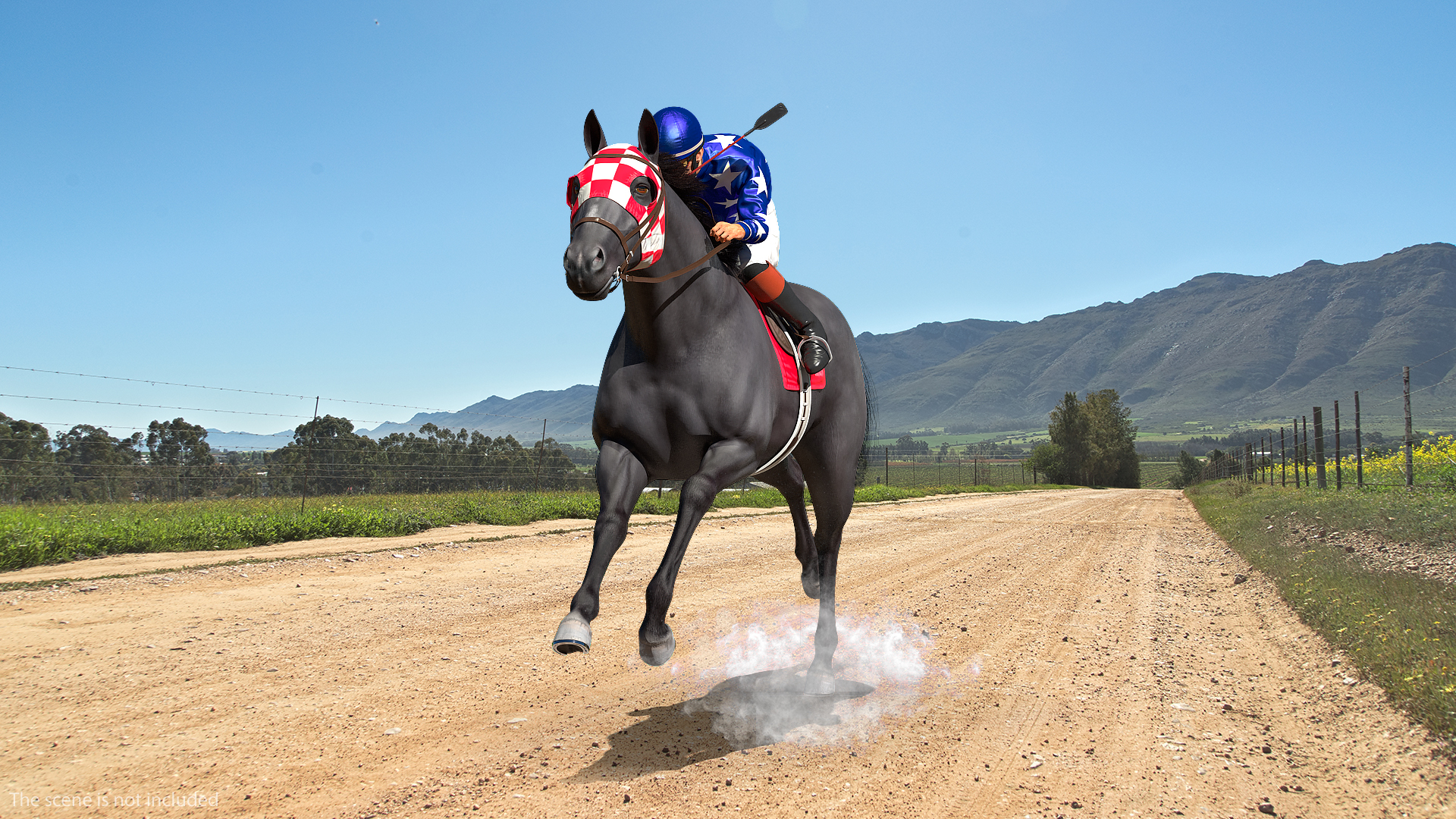 3D Black Racing Horse with Jokey Running Fur