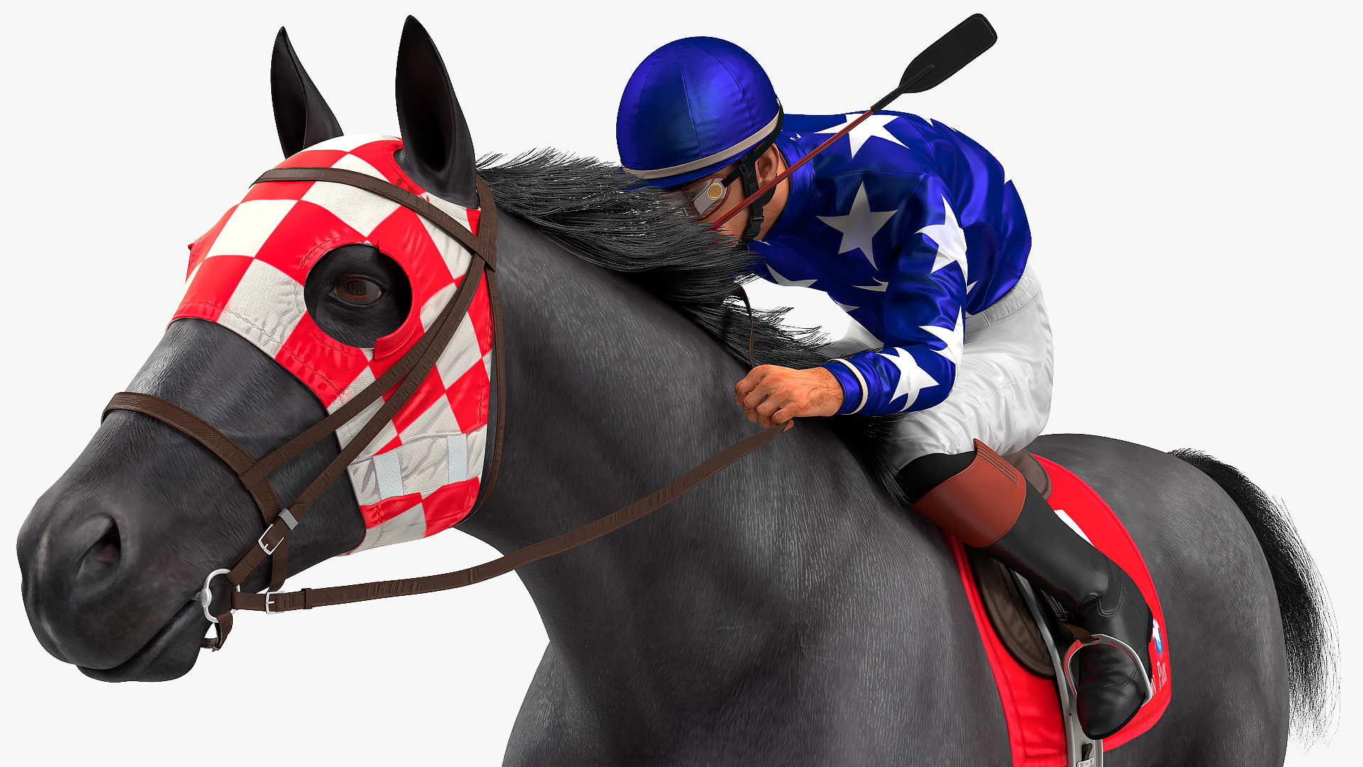 3D Black Racing Horse with Jokey Running Fur