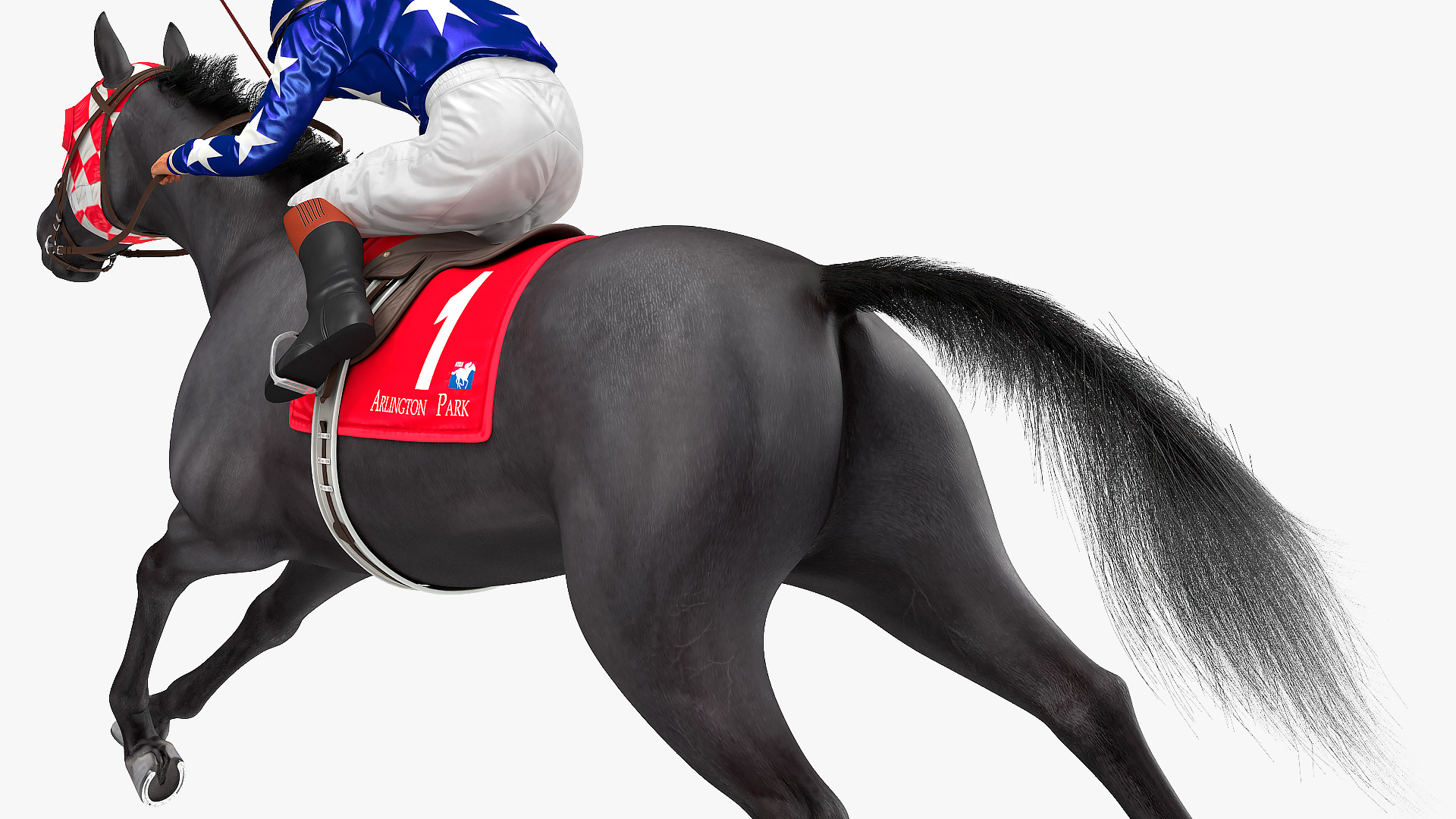 3D Black Racing Horse with Jokey Running Fur
