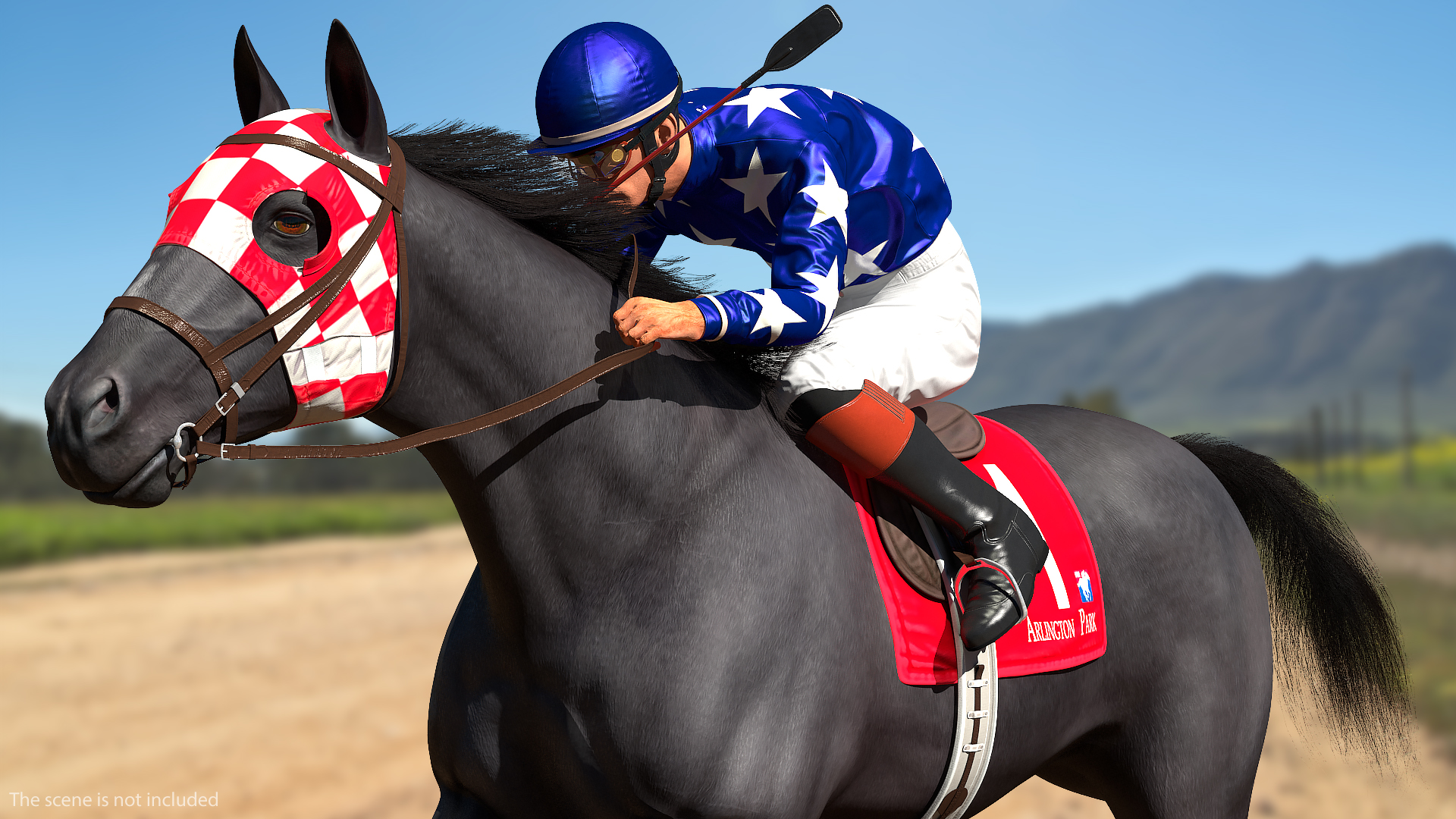 3D Black Racing Horse with Jokey Running Fur
