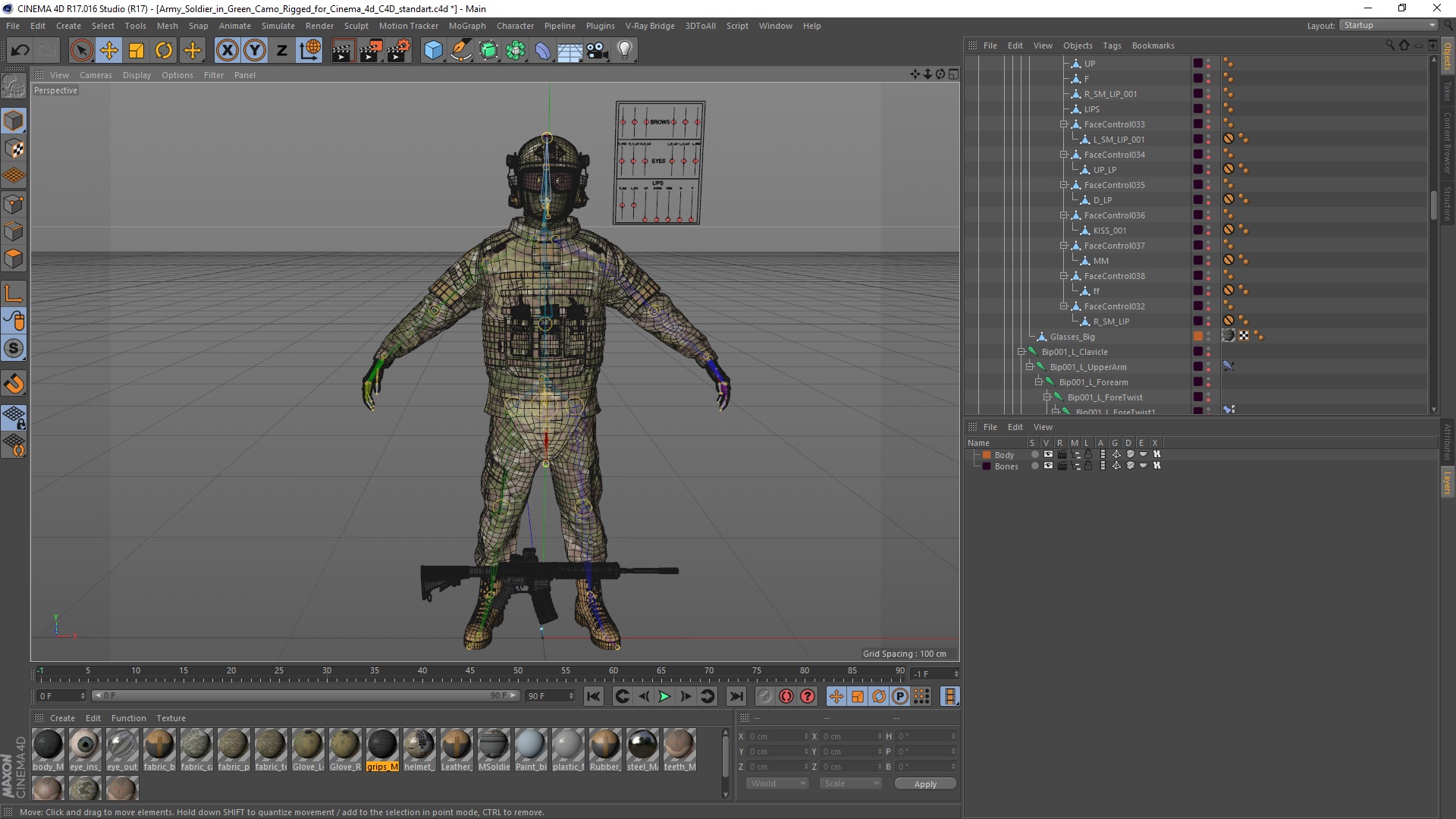 Army Soldier in Green Camo Rigged for Cinema 4D 3D