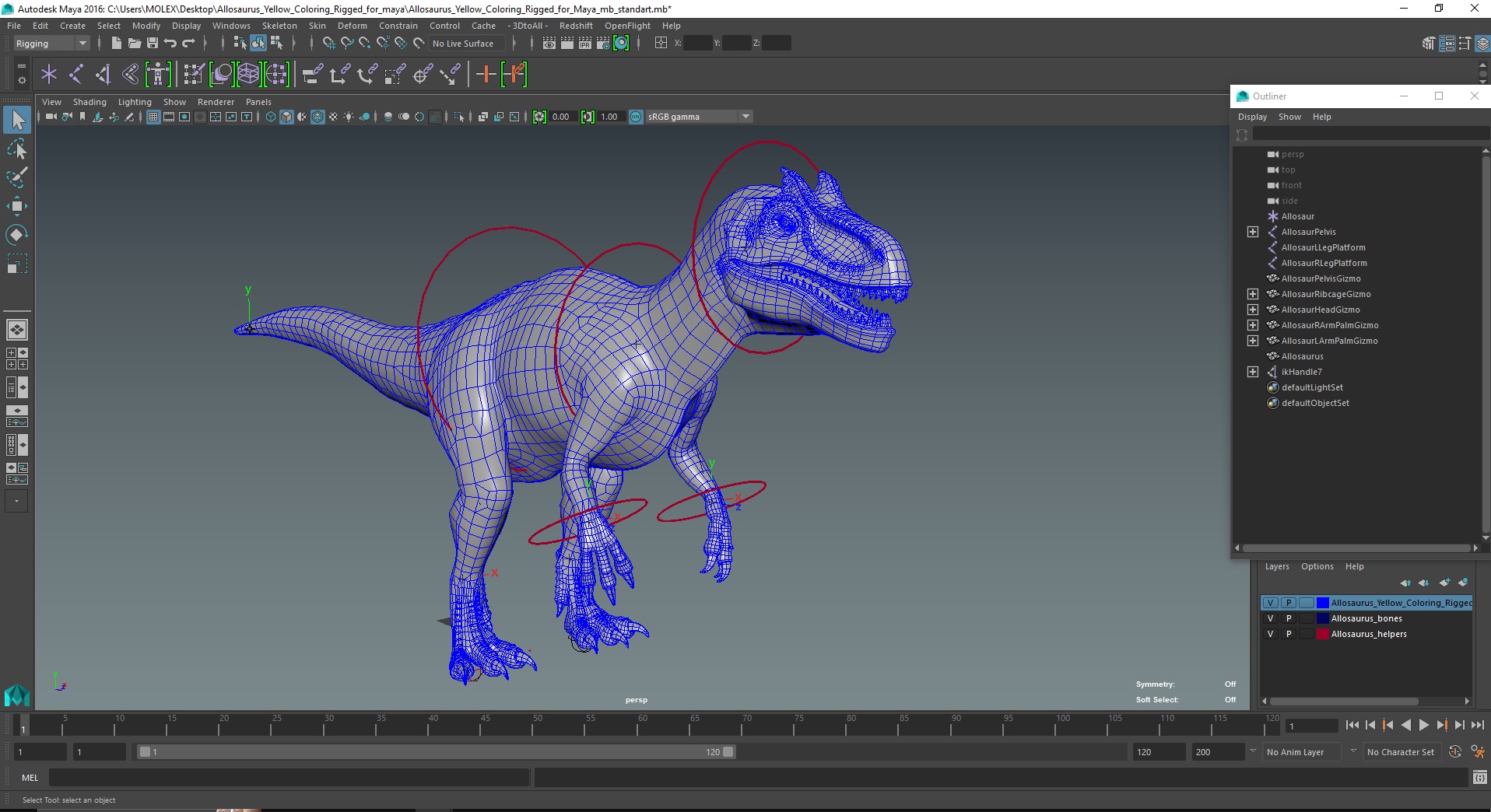 Allosaurus Yellow Coloring Rigged for Maya 3D