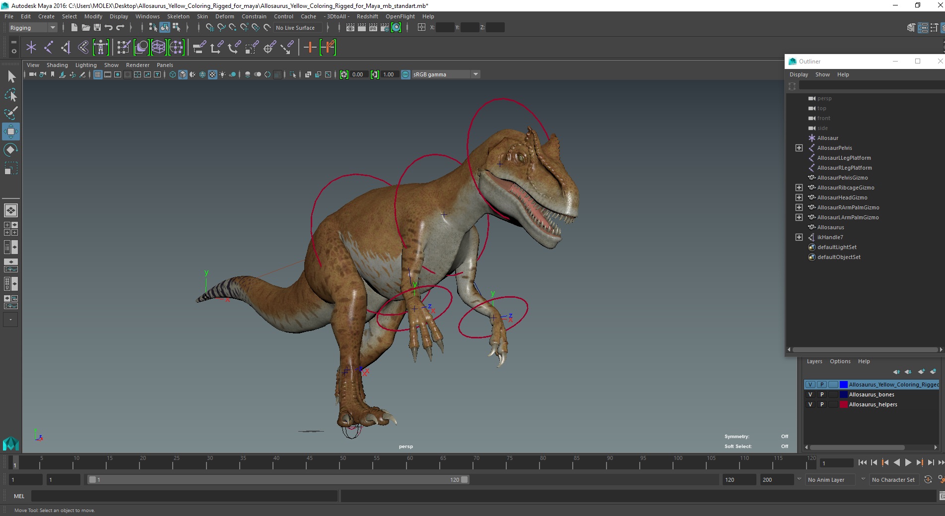 Allosaurus Yellow Coloring Rigged for Maya 3D