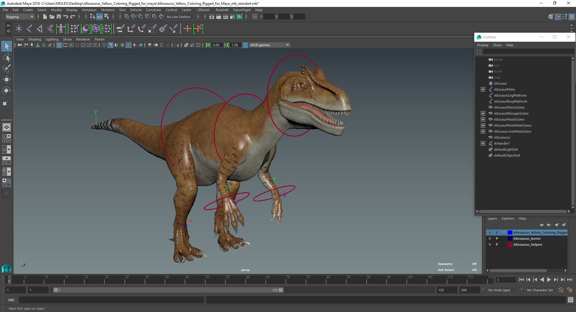 Allosaurus Yellow Coloring Rigged for Maya 3D