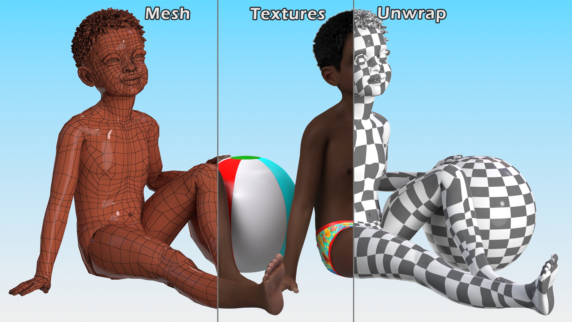 Black Child Boy With Ball Beach Style 3D
