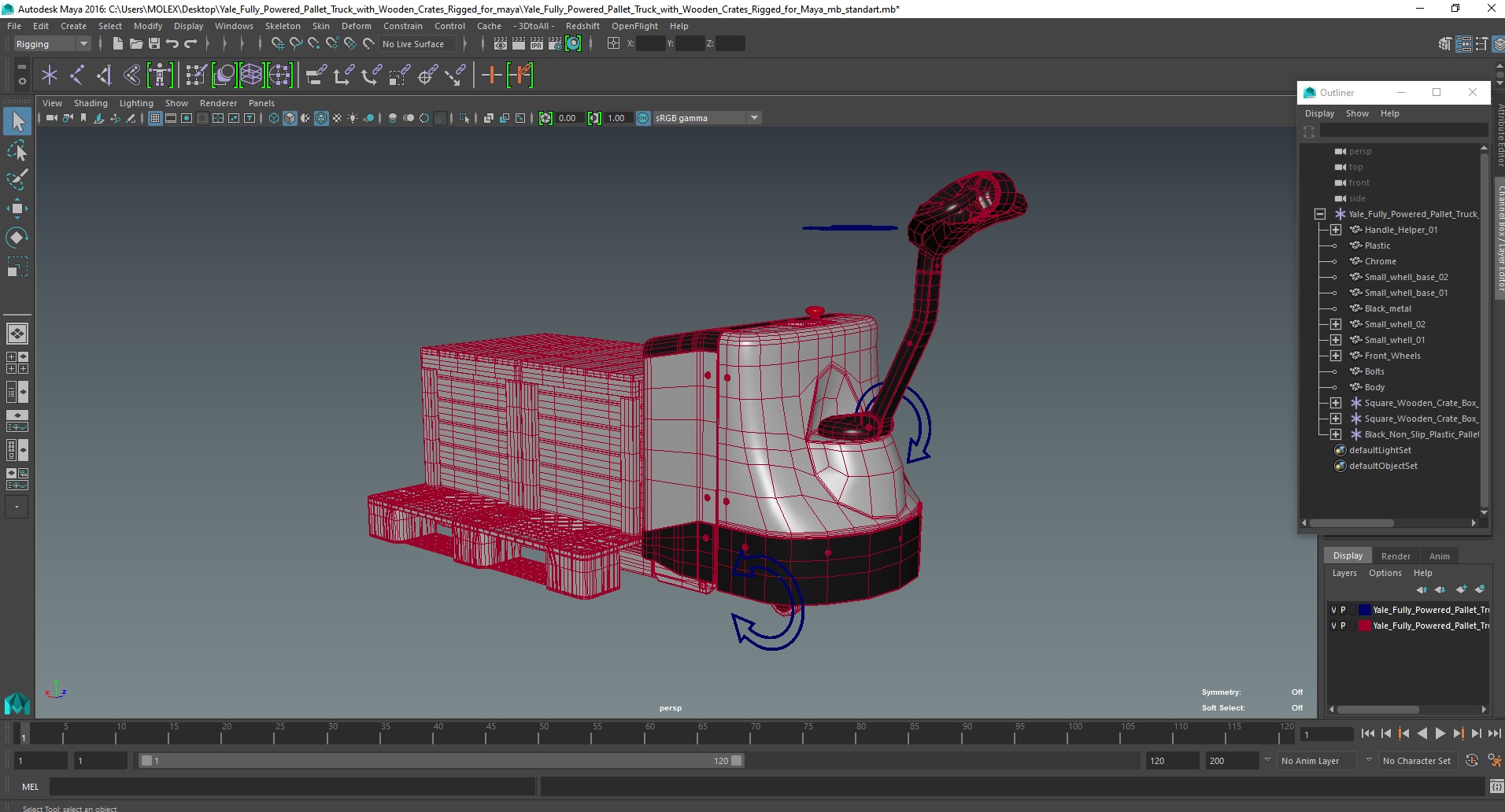 3D Yale Fully Powered Pallet Truck with Wooden Crates Rigged for Maya