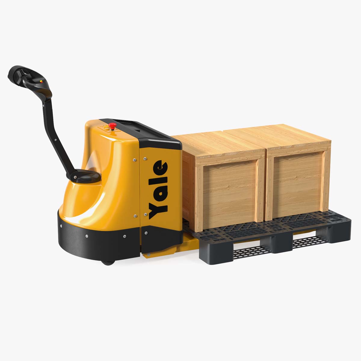 3D Yale Fully Powered Pallet Truck with Wooden Crates Rigged for Maya