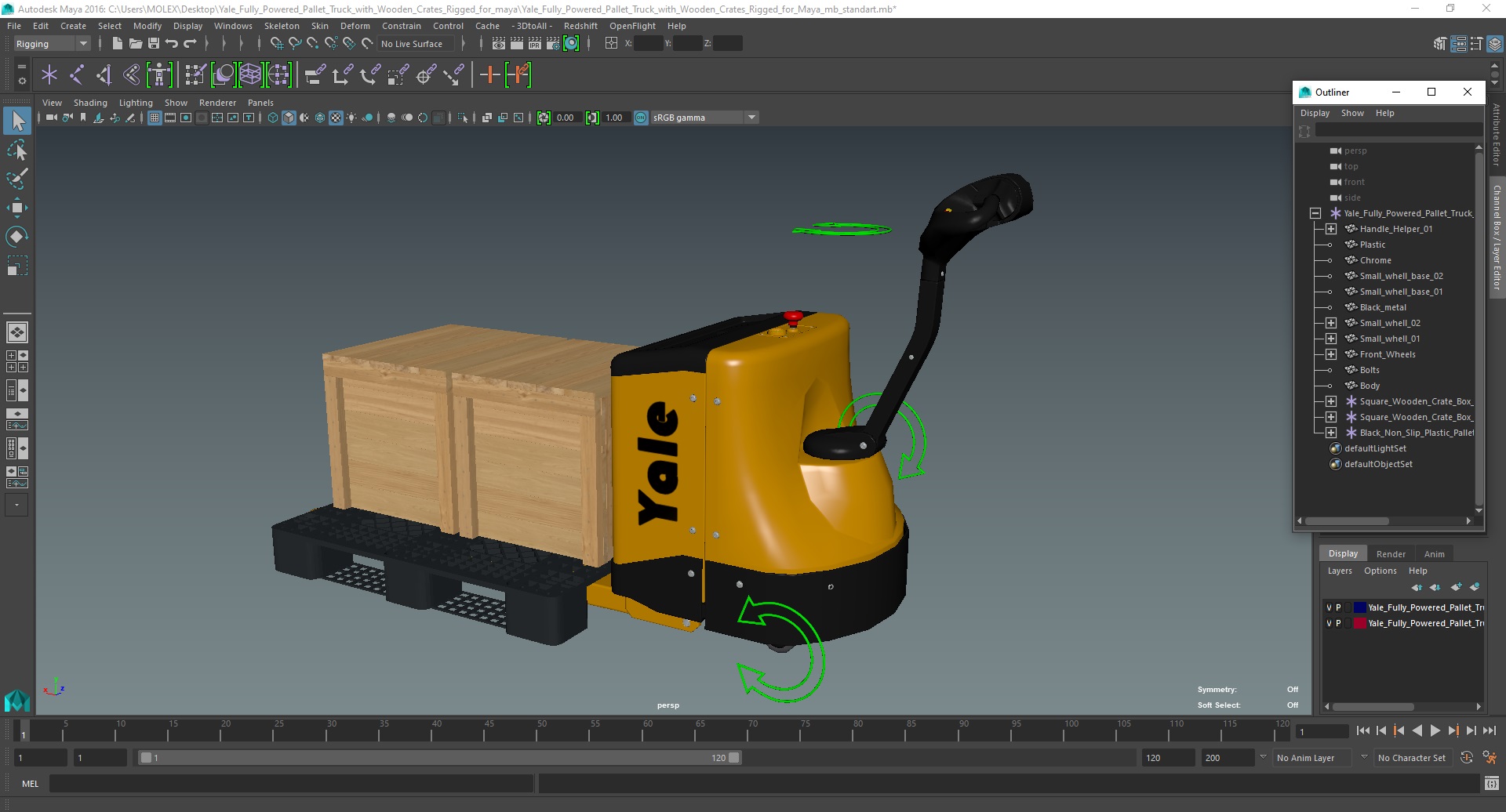 3D Yale Fully Powered Pallet Truck with Wooden Crates Rigged for Maya