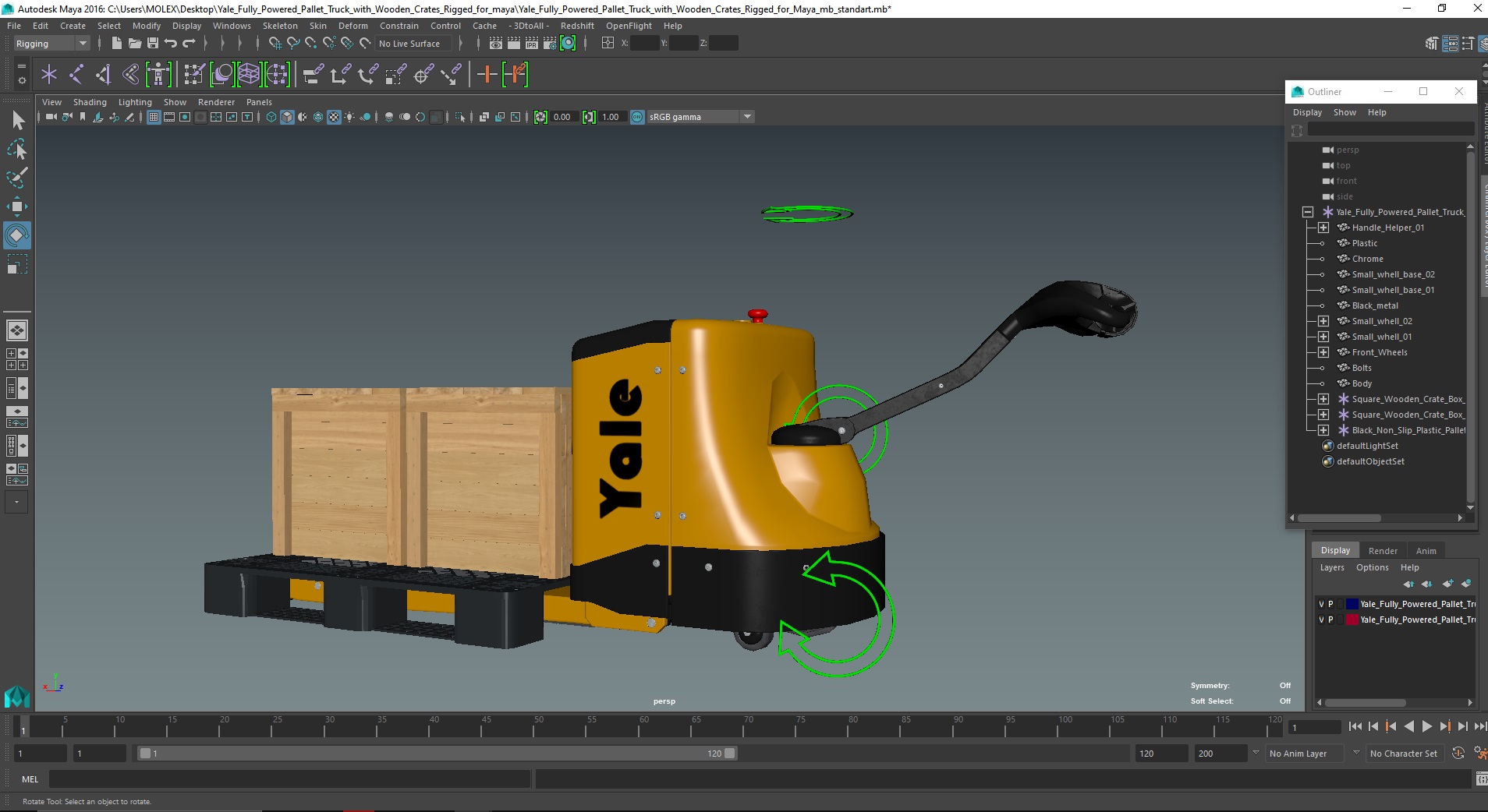 3D Yale Fully Powered Pallet Truck with Wooden Crates Rigged for Maya