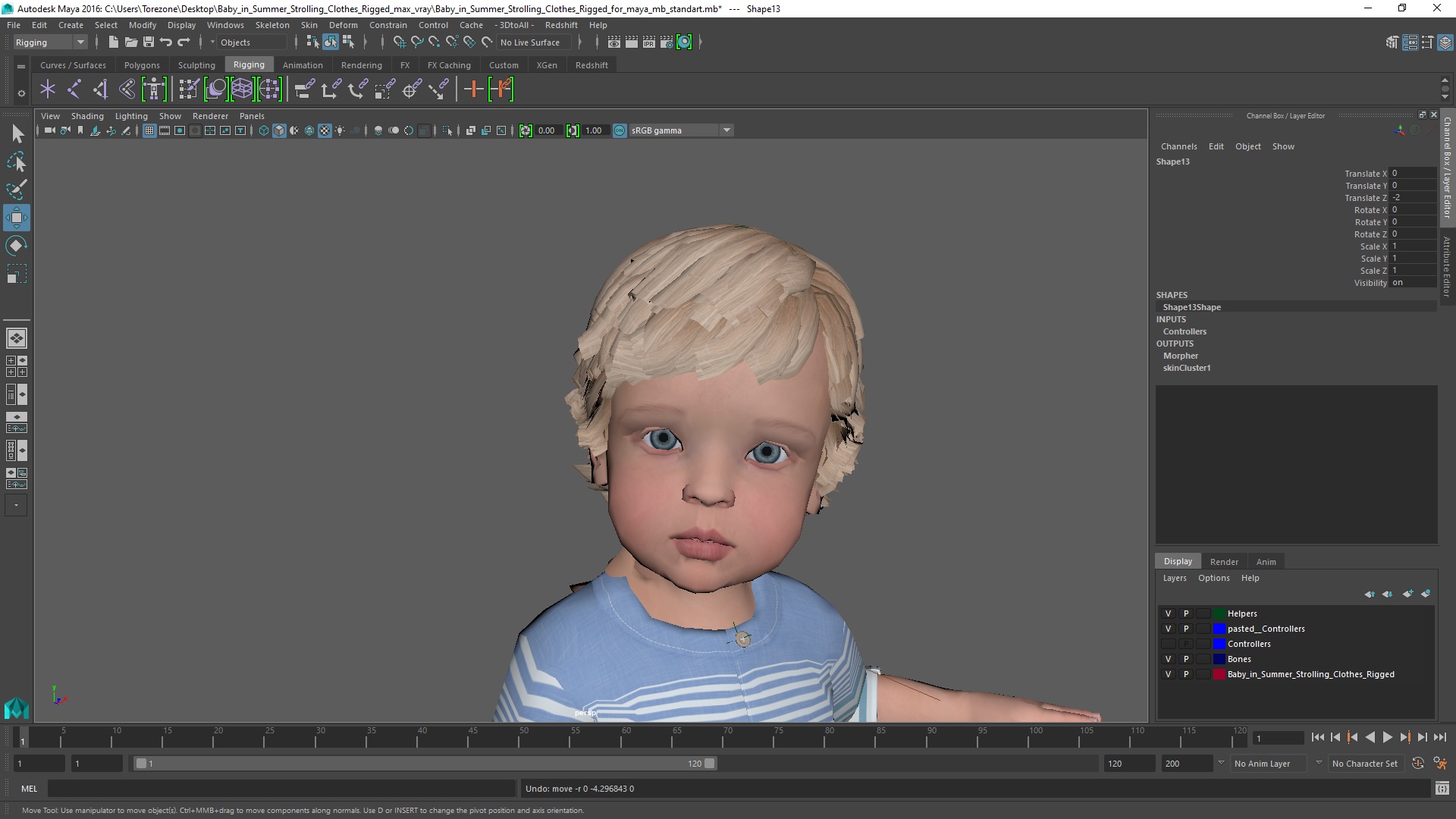 3D Baby in Summer Strolling Clothes Rigged for Maya model