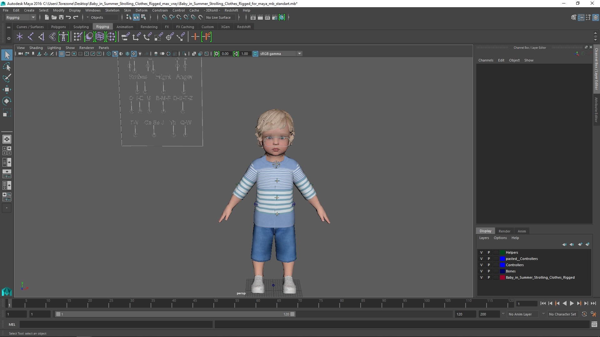 3D Baby in Summer Strolling Clothes Rigged for Maya model